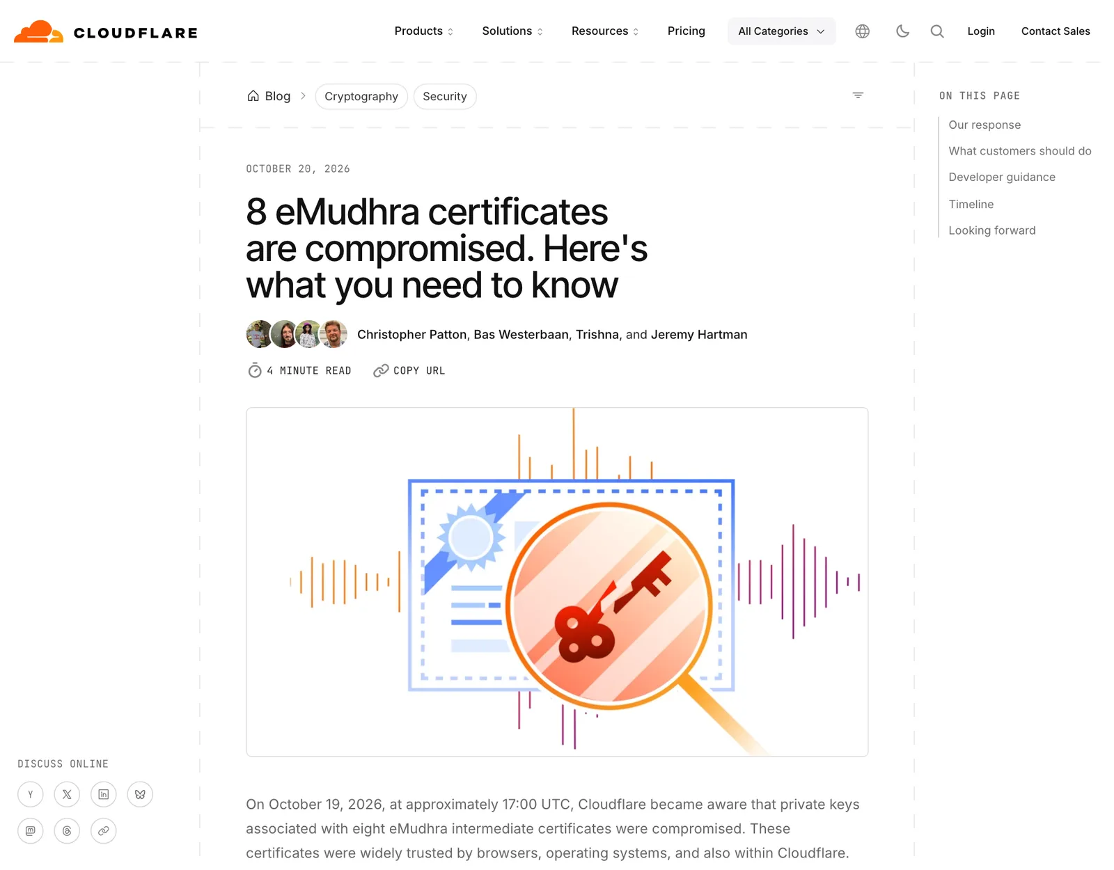 บล็อก Cloudflare วันที่ 20 ตุลาคม 2026 หัวข้อ 8 eMudhra certificates are compromised. Here's what you need to know