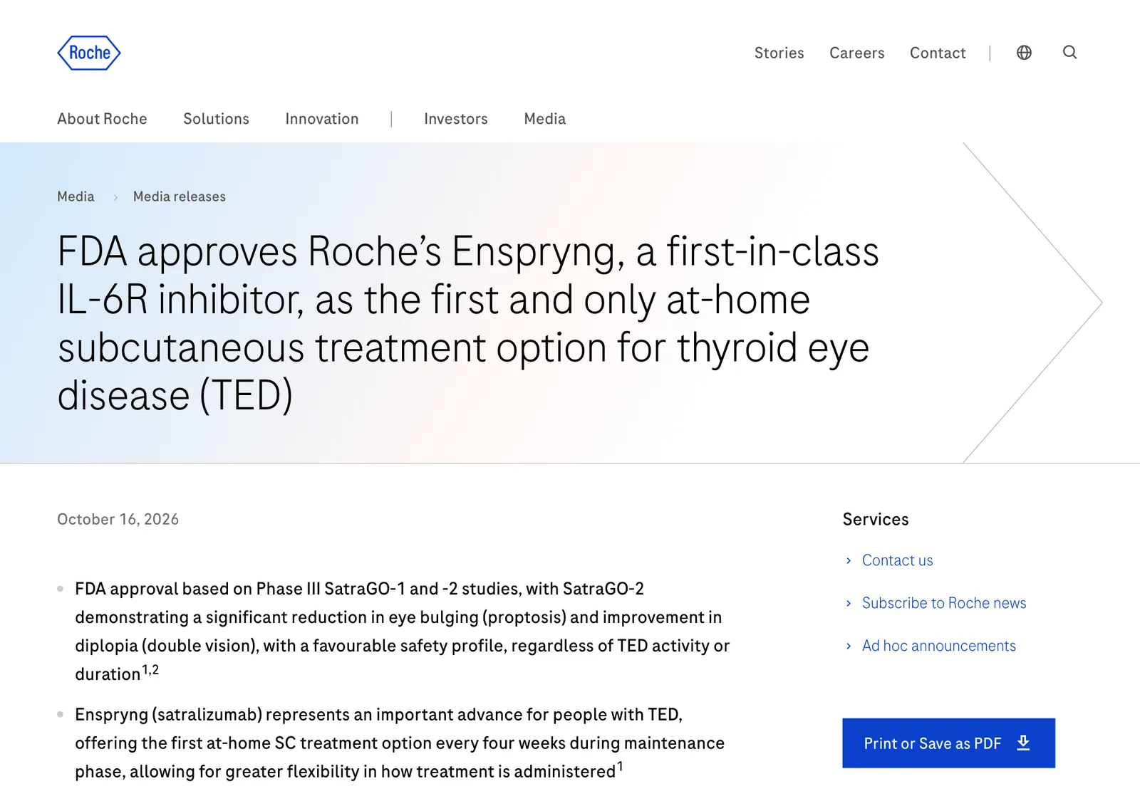 หน้าประกาศของ Roche ลงวันที่ 16 ตุลาคม 2026 เรื่อง FDA อนุมัติยา Enspryng เป็นยารักษาภาวะไทรอยด์ขึ้นตาชนิดแรกที่ฉีดใต้ผิวหนังเองที่บ้านได้