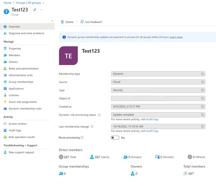 หน้าภาพรวมกลุ่ม dynamic ใน Microsoft Entra แสดงสถานะการประมวลผลกฎ Update complete และเวลาที่สมาชิกเปลี่ยนล่าสุด