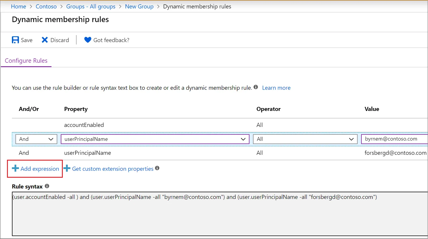 หน้าตั้งค่ากฎสมาชิกแบบ Dynamic membership rules ใน Microsoft Entra พร้อมช่อง Rule syntax