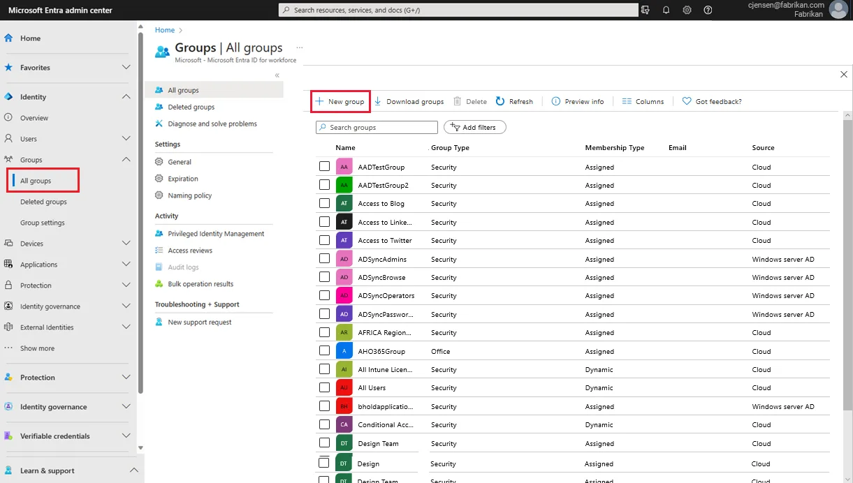 หน้า Groups All groups ใน Microsoft Entra admin center แสดงรายการกลุ่มพร้อมคอลัมน์ Group type และ Membership type