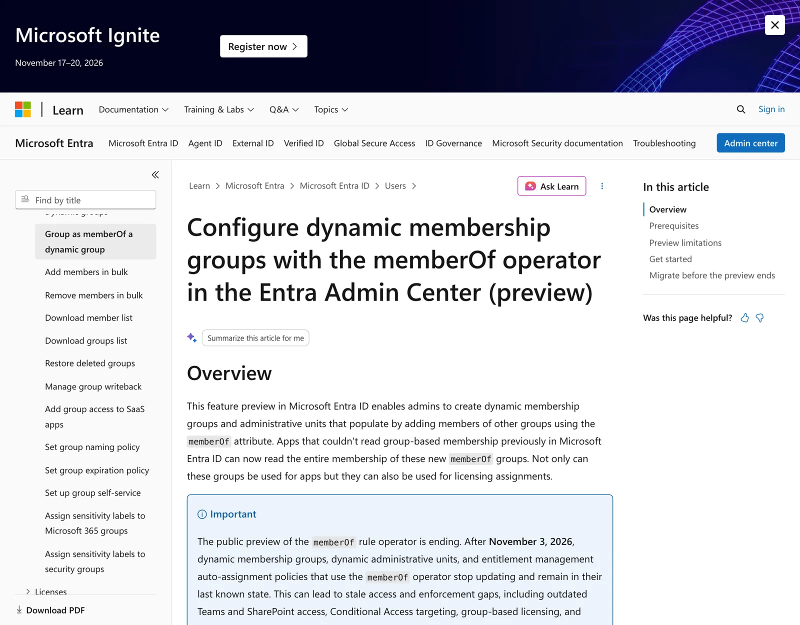 หน้า Microsoft Learn เรื่องกลุ่ม dynamic แบบ memberOf พร้อมกล่อง Important ว่าพรีวิวสิ้นสุดหลัง 3 พฤศจิกายน 2026