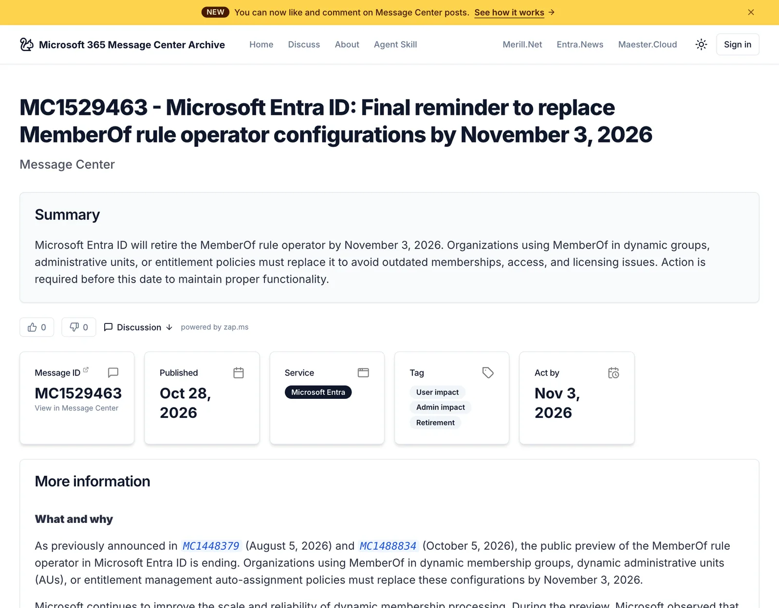 ข้อความ MC1529463 คำเตือนสุดท้ายให้แทนที่ตัวดำเนินการ Entra ID MemberOf ภายใน 3 พฤศจิกายน 2026 เผยแพร่ 28 ตุลาคม 2026