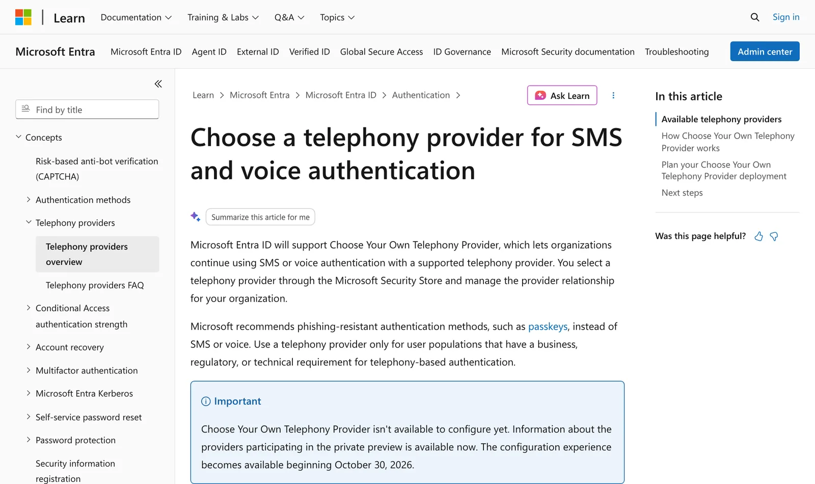 หน้า Microsoft Learn เรื่อง Choose a telephony provider for SMS and voice authentication ระบุว่าการตั้งค่าผู้ให้บริการโทรศัพท์ภายนอกเริ่มได้ 30 ตุลาคม 2026