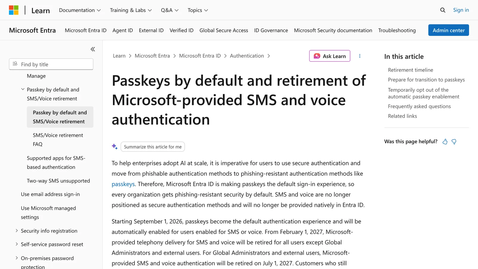หน้า Microsoft Learn เรื่อง Passkeys by default and retirement of Microsoft-provided SMS and voice authentication ที่ยืนยันว่า Entra เลิก SMS MFA ที่ Microsoft ส่งให้ตั้งแต่ 1 กุมภาพันธ์ 2027