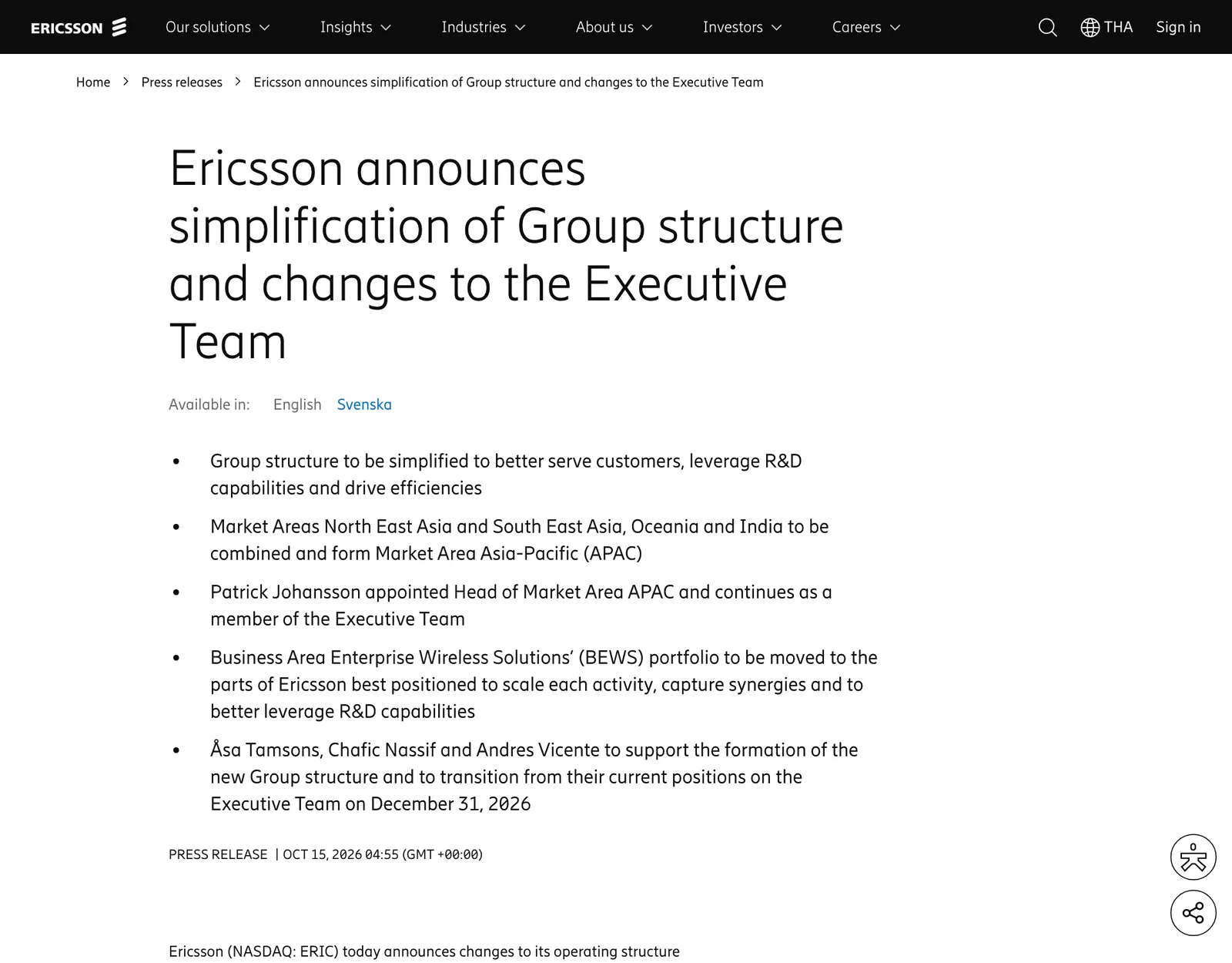 ภาพหน้าจอประกาศของ Ericsson วันที่ 15 ตุลาคม 2026 เรื่องปรับโครงสร้างกลุ่ม รวม Market Area North East Asia กับ South East Asia, Oceania and India เป็น Market Area Asia-Pacific (APAC) และย้ายธุรกิจ Enterprise Wireless Solutions