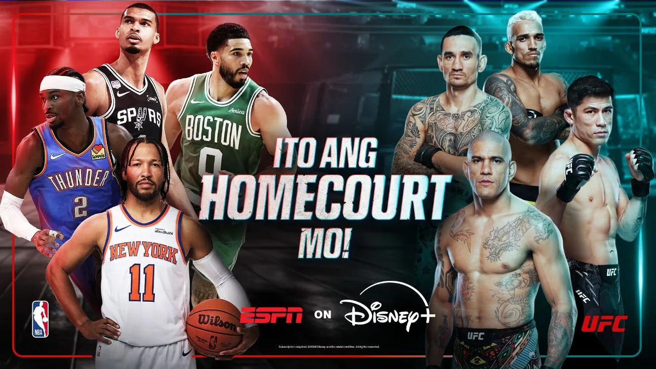 ภาพแคมเปญ Ito ang Homecourt Mo! ของ ESPN on Disney+ ฟิลิปปินส์ นักบาสเกตบอล NBA ในชุดทีมต่าง ๆ ด้านซ้าย นักสู้ UFC ด้านขวา และโลโก้ ESPN on Disney+ ตรงกลาง