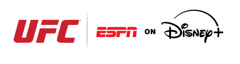 โลโก้ UFC คู่กับโลโก้ ESPN on Disney+ ฟิลิปปินส์ บนพื้นขาว จากประกาศสัญญาลิขสิทธิ์สื่อในฟิลิปปินส์