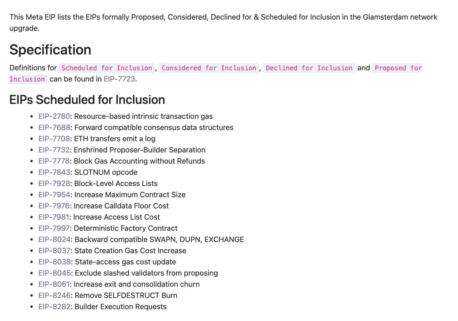 ภาพหน้าจอ EIP-7773 Hardfork Meta - Glamsterdam แสดงรายการ EIP 18 ฉบับที่กำหนดให้รวมในอัปเกรด ตั้งแต่ EIP-2780 ถึง EIP-8282