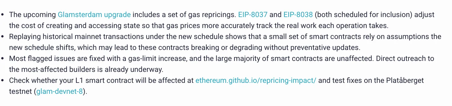ภาพหน้าจอสรุปคู่มือ repricing ของ Ethereum Foundation ว่า EIP-8037 และ EIP-8038 ปรับค่า gas ของการสร้างและเข้าถึง state สัญญาอัจฉริยะส่วนใหญ่ไม่ได้รับผลกระทบ