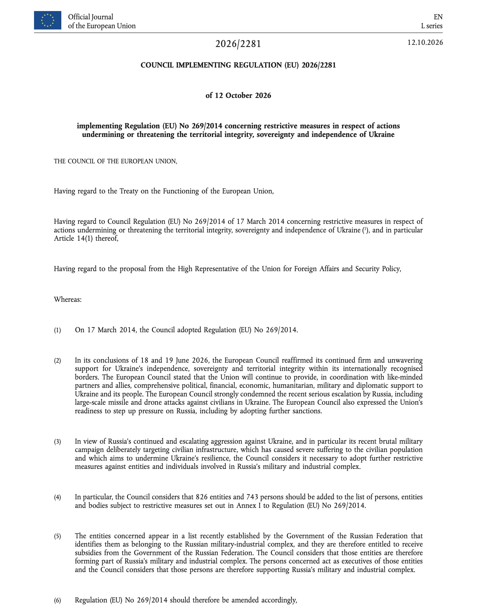 หน้าแรกของ Council Implementing Regulation (EU) 2026/2281 ใน Official Journal of the European Union ลงวันที่ 12 ตุลาคม 2026 ข้อ 4 ระบุการคว่ำบาตรรัสเซียเพิ่ม 826 นิติบุคคลและ 743 บุคคล