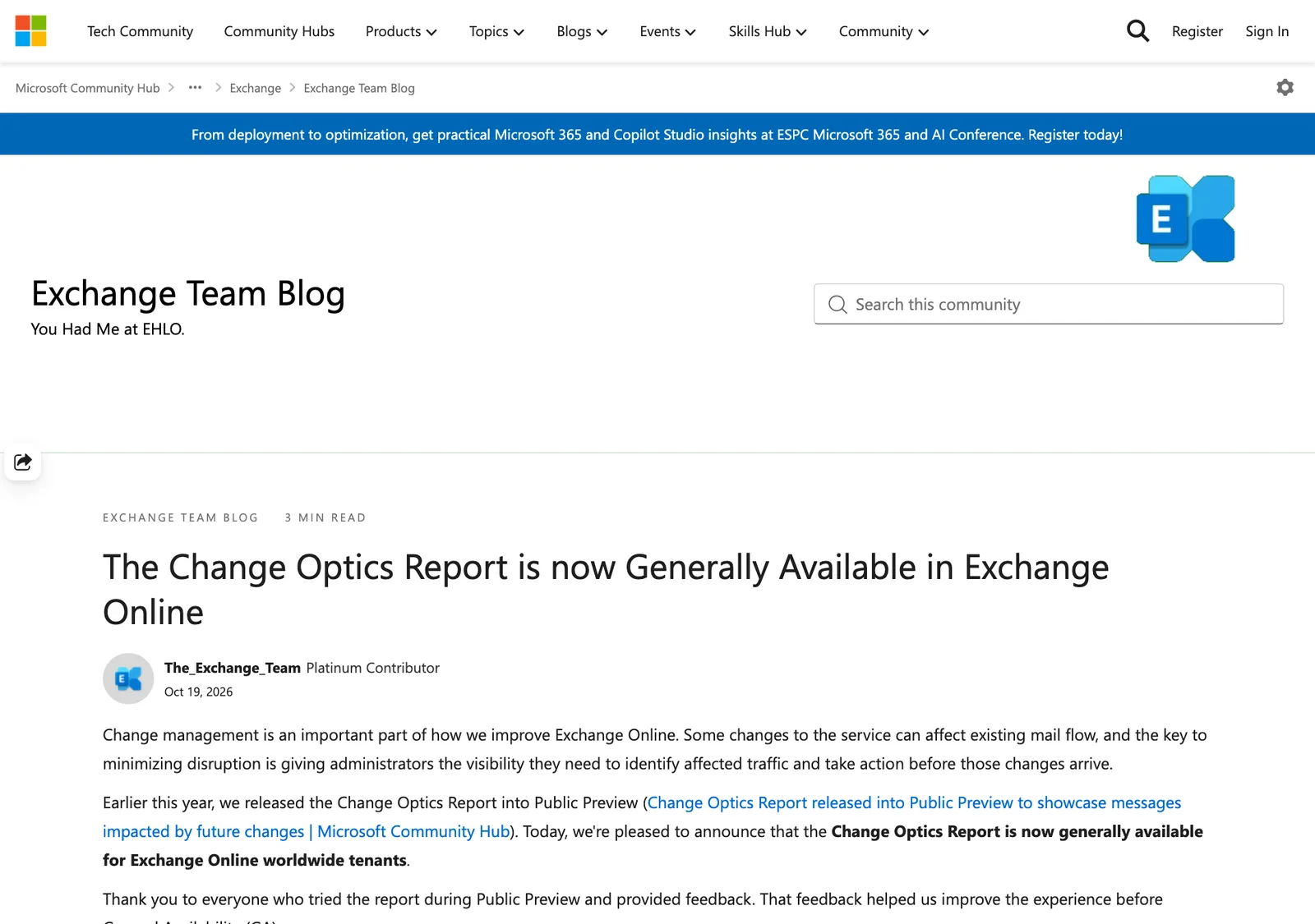บทความ Exchange Team Blog เรื่อง The Change Optics Report is now Generally Available in Exchange Online ลงวันที่ 19 ต.ค. 2026