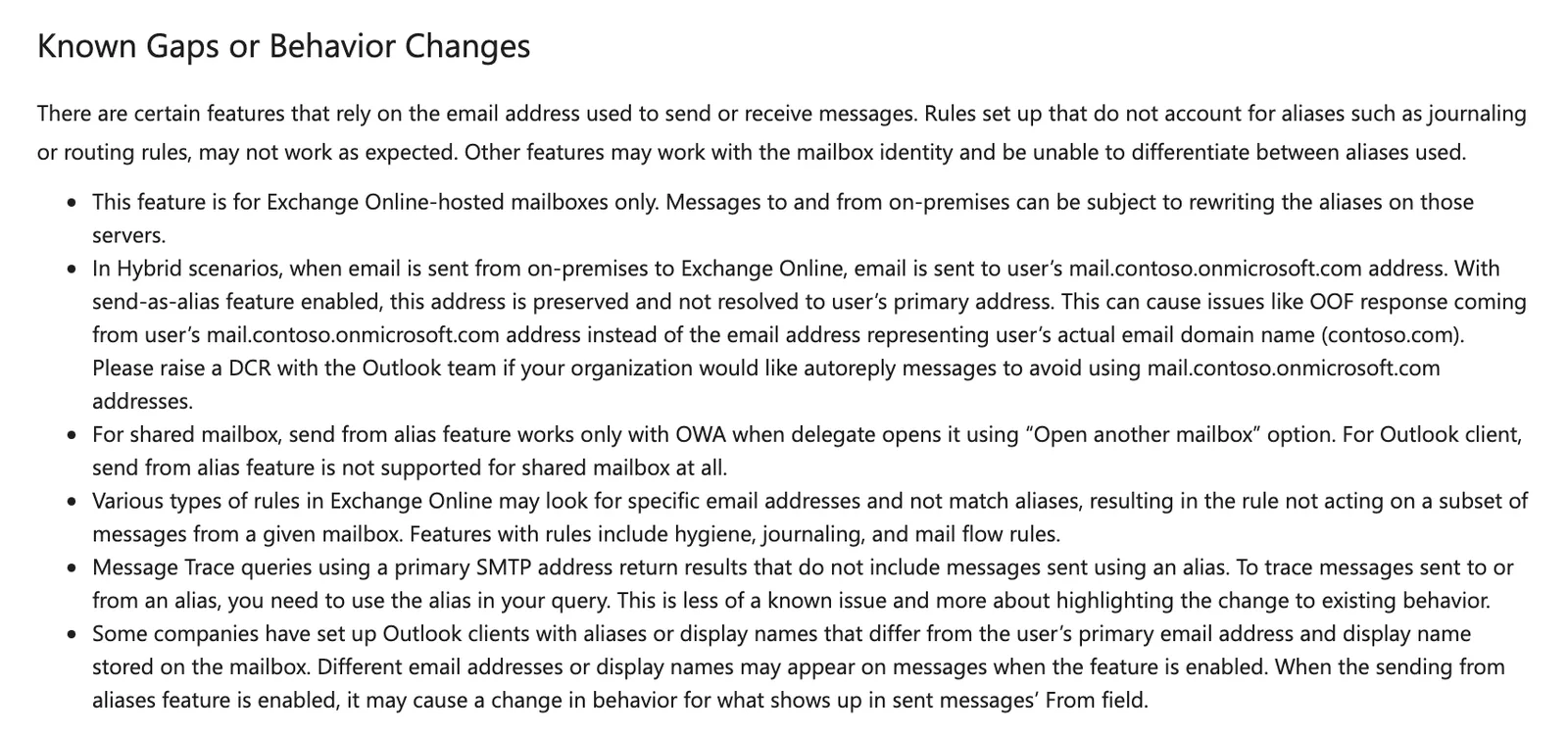 รายการ Known Gaps or Behavior Changes ของการส่งจาก alias ใน Exchange Online เช่น ระบบ hybrid shared mailbox และ Message Trace