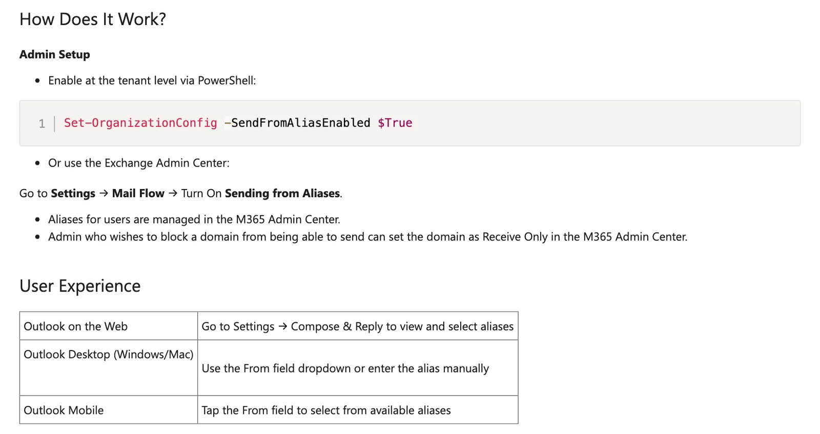 ขั้นตอนเปิดการส่งจาก alias ใน Exchange Online ด้วย Set-OrganizationConfig -SendFromAliasEnabled และวิธีเลือก alias ใน Outlook แต่ละแบบ