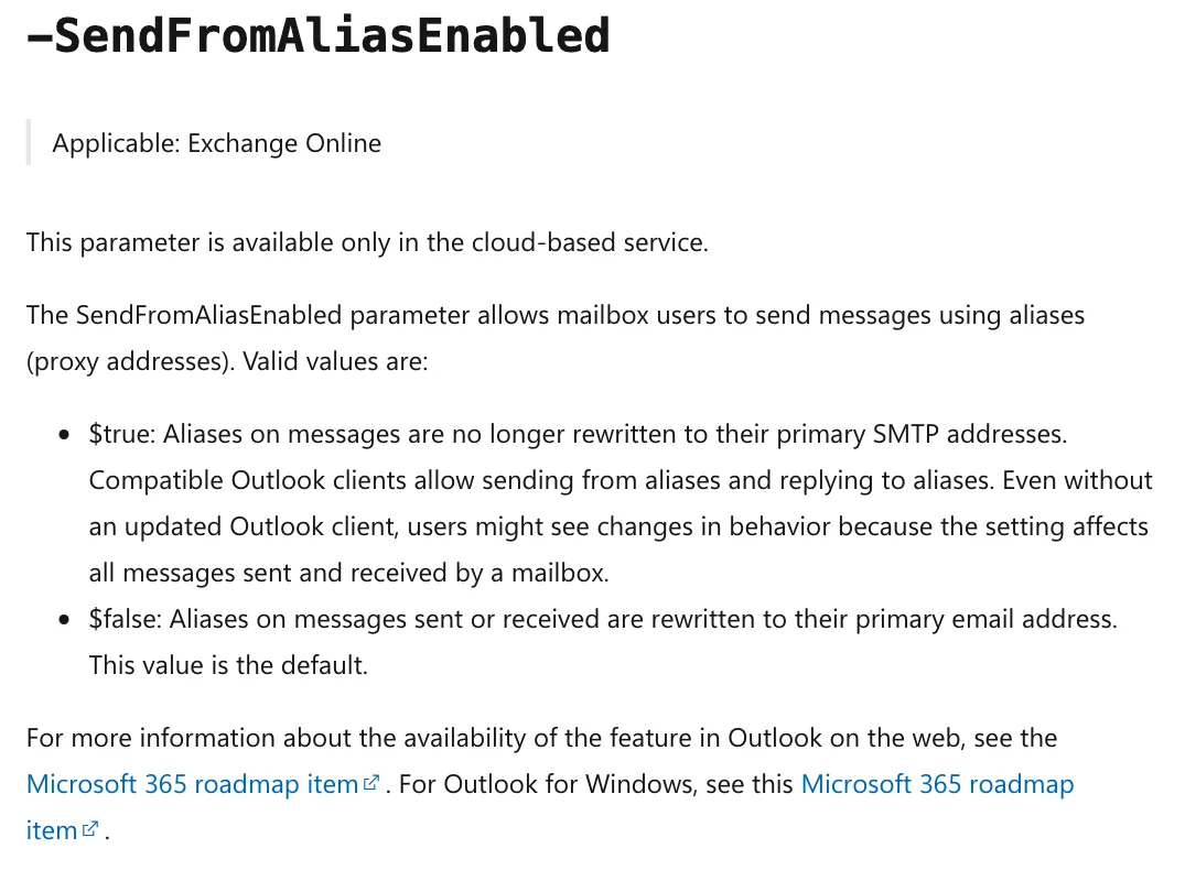 เอกสาร Microsoft Learn อธิบายพารามิเตอร์ SendFromAliasEnabled: ค่า true หยุดเขียนทับ alias ค่า false เป็นค่าเริ่มต้น
