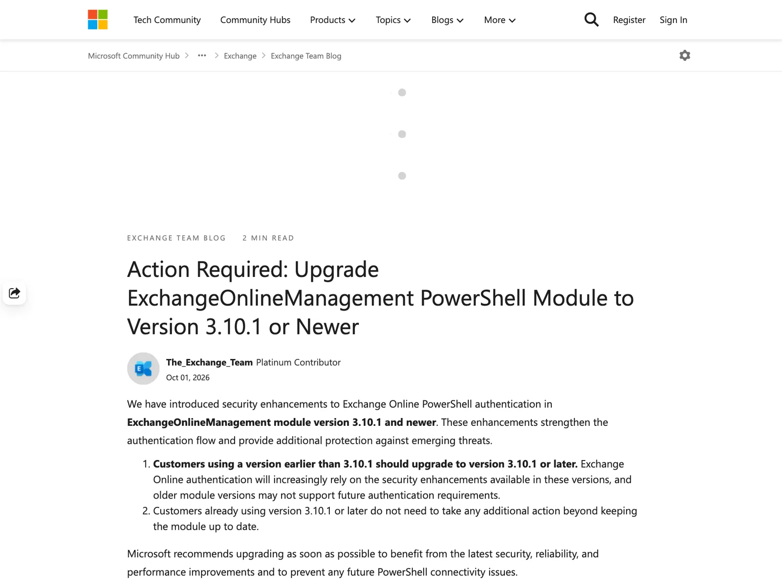 ประกาศ Action Required: Upgrade ExchangeOnlineManagement PowerShell Module to Version 3.10.1 or Newer ของทีม Exchange