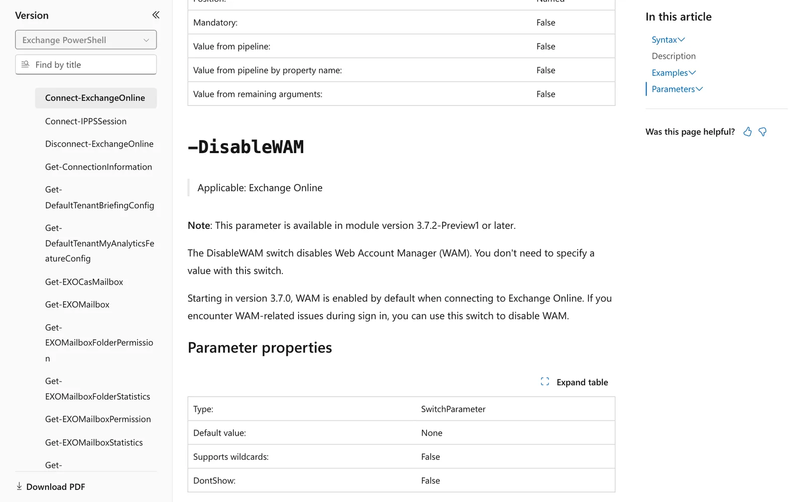 คำอธิบายพารามิเตอร์ -DisableWAM ของ Connect-ExchangeOnline บน Microsoft Learn