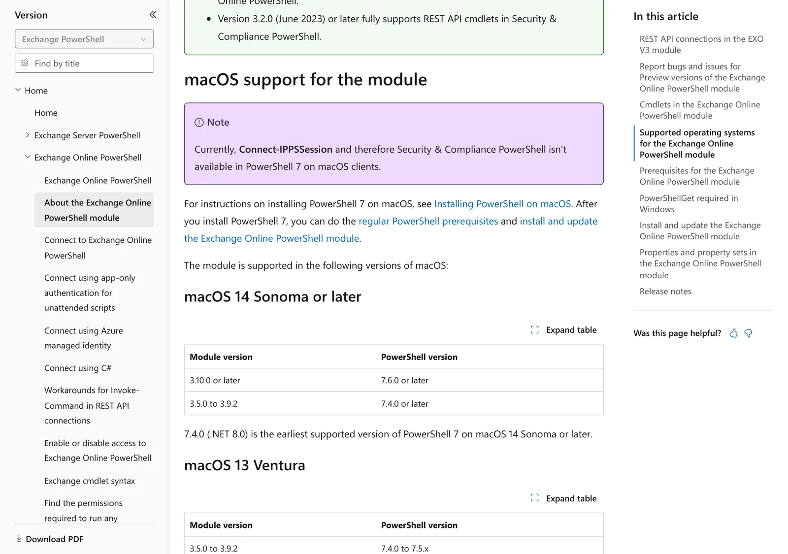 ตารางรุ่นโมดูลและ PowerShell ที่รองรับบน macOS 14 Sonoma และ macOS 13 Ventura