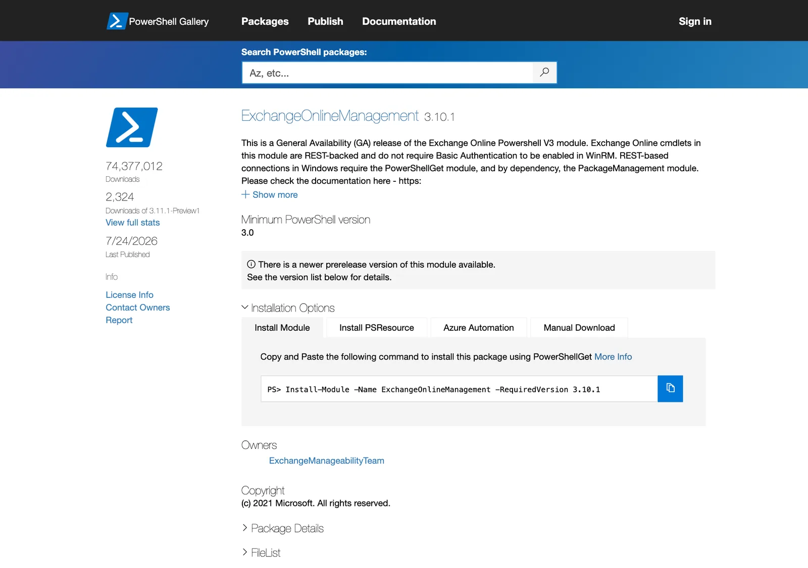 หน้า ExchangeOnlineManagement 3.10.1 บน PowerShell Gallery พร้อมคำสั่ง Install-Module