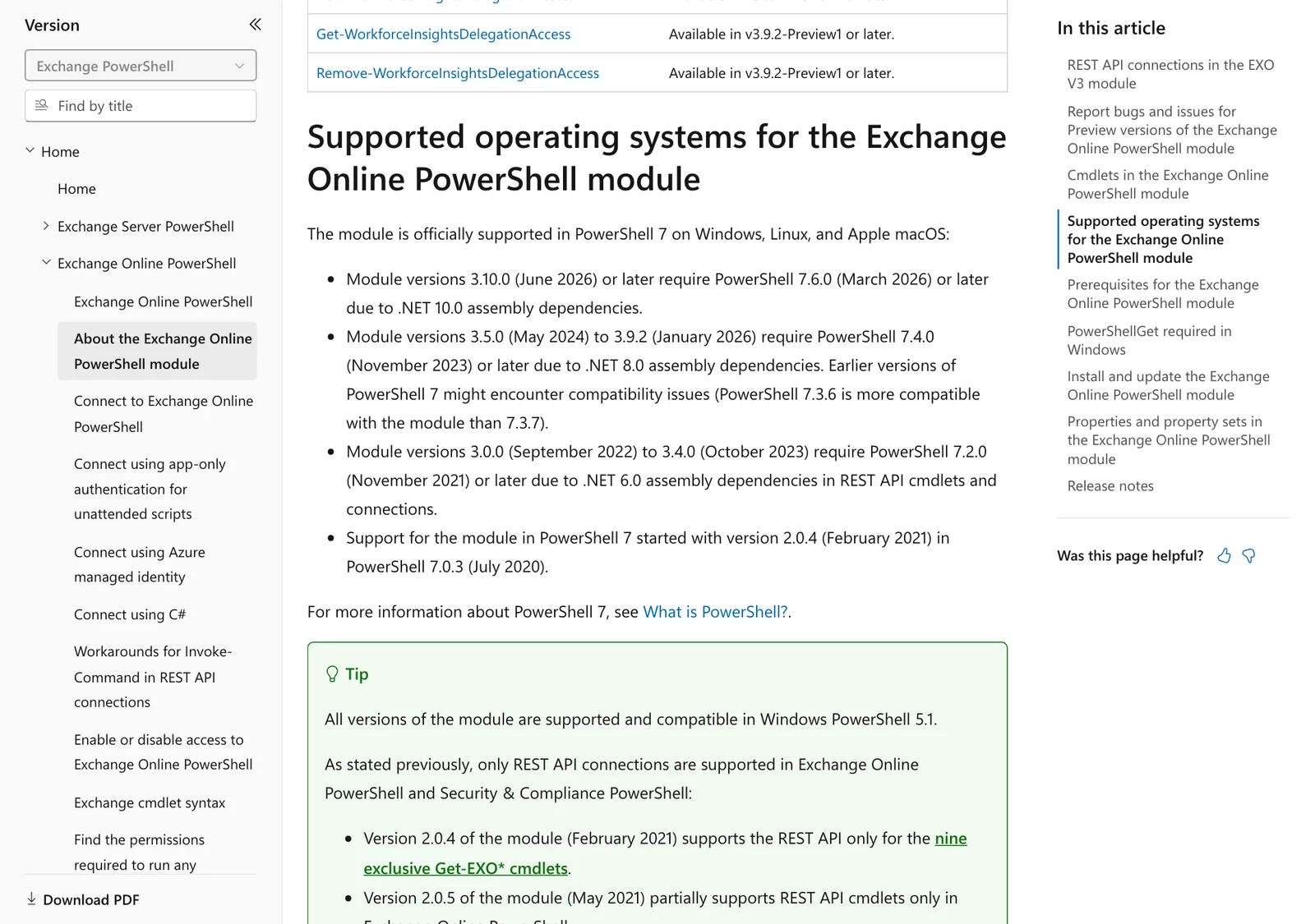 ส่วน Supported operating systems for the Exchange Online PowerShell module บน Microsoft Learn