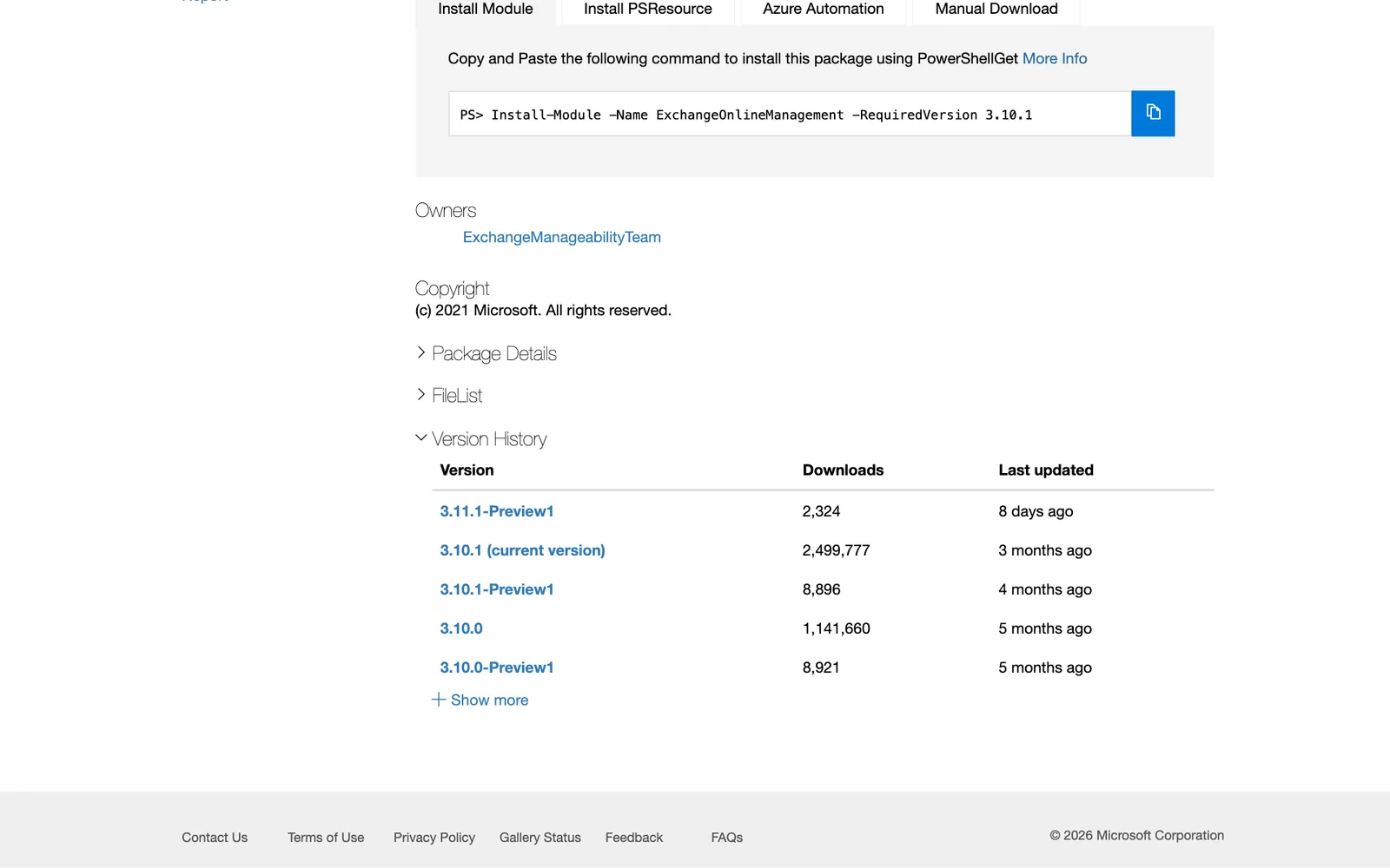 ตาราง Version History ของ ExchangeOnlineManagement แสดง 3.10.1 เป็นรุ่นปัจจุบัน