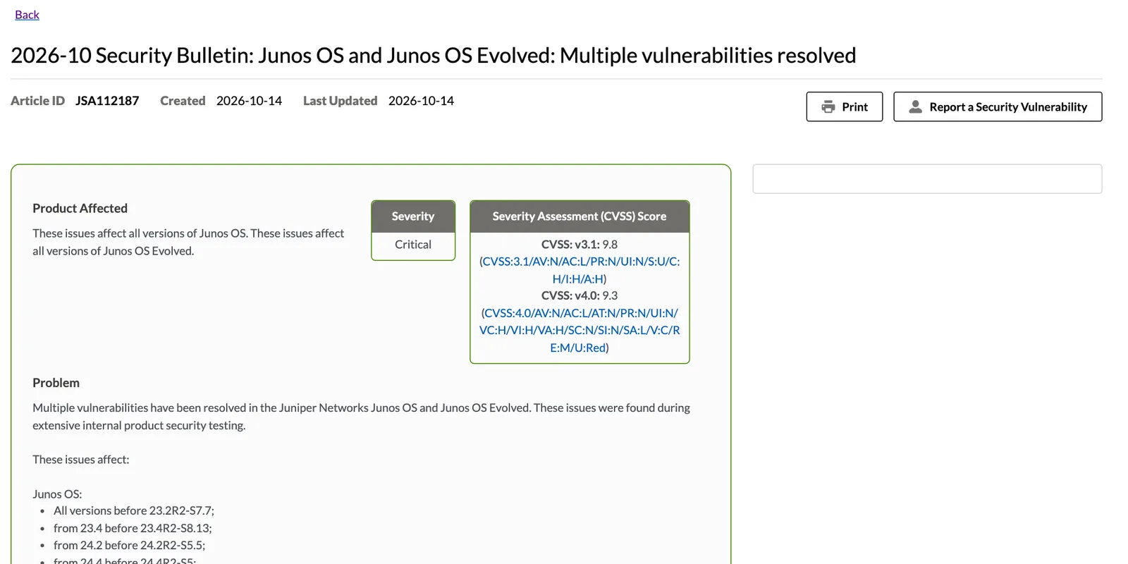 ประกาศ 2026-10 Security Bulletin ของ Juniper หมายเลข JSA112187 ลงวันที่ 14 ตุลาคม 2026 ระดับ Critical คะแนน CVSS v3.1 9.8 และ v4.0 9.3 กระทบ Junos OS และ Junos OS Evolved ทุกรุ่น