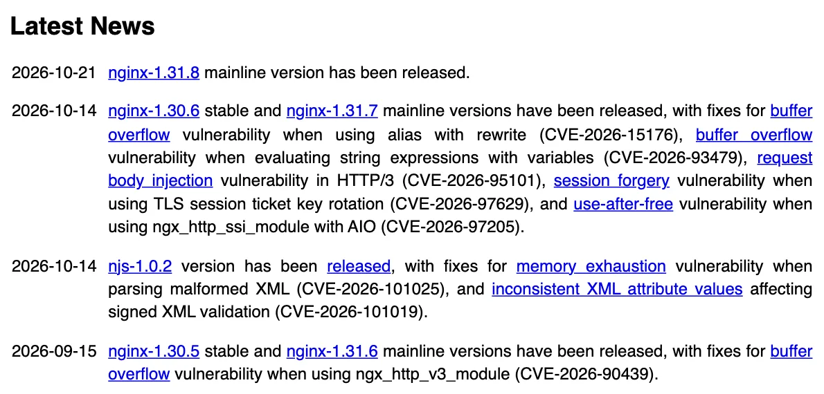 ข่าวบนหน้าแรก nginx.org วันที่ 14 ตุลาคม 2026: nginx-1.30.6 stable และ nginx-1.31.7 mainline แก้ CVE-2026-15176, CVE-2026-93479, CVE-2026-95101, CVE-2026-97629 และ CVE-2026-97205 พร้อม njs-1.0.2