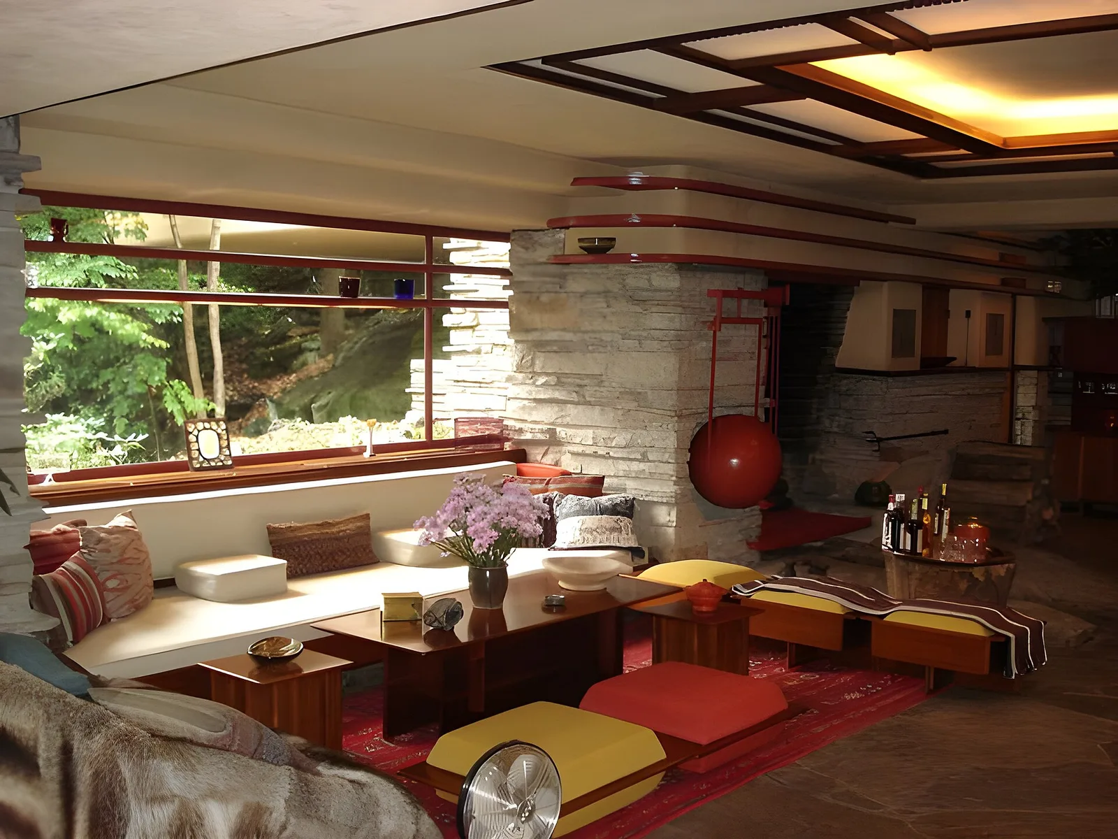มุมนั่งเล่นหลักในห้องนั่งเล่นของบ้าน Fallingwater
