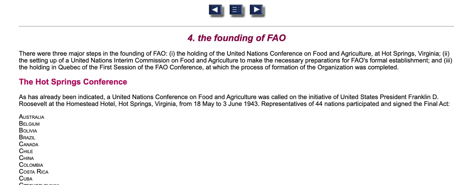 หน้าบทที่ 4 The founding of FAO ในเอกสาร FAO: its origins, formation and evolution 1945–1981 บนเว็บไซต์ FAO