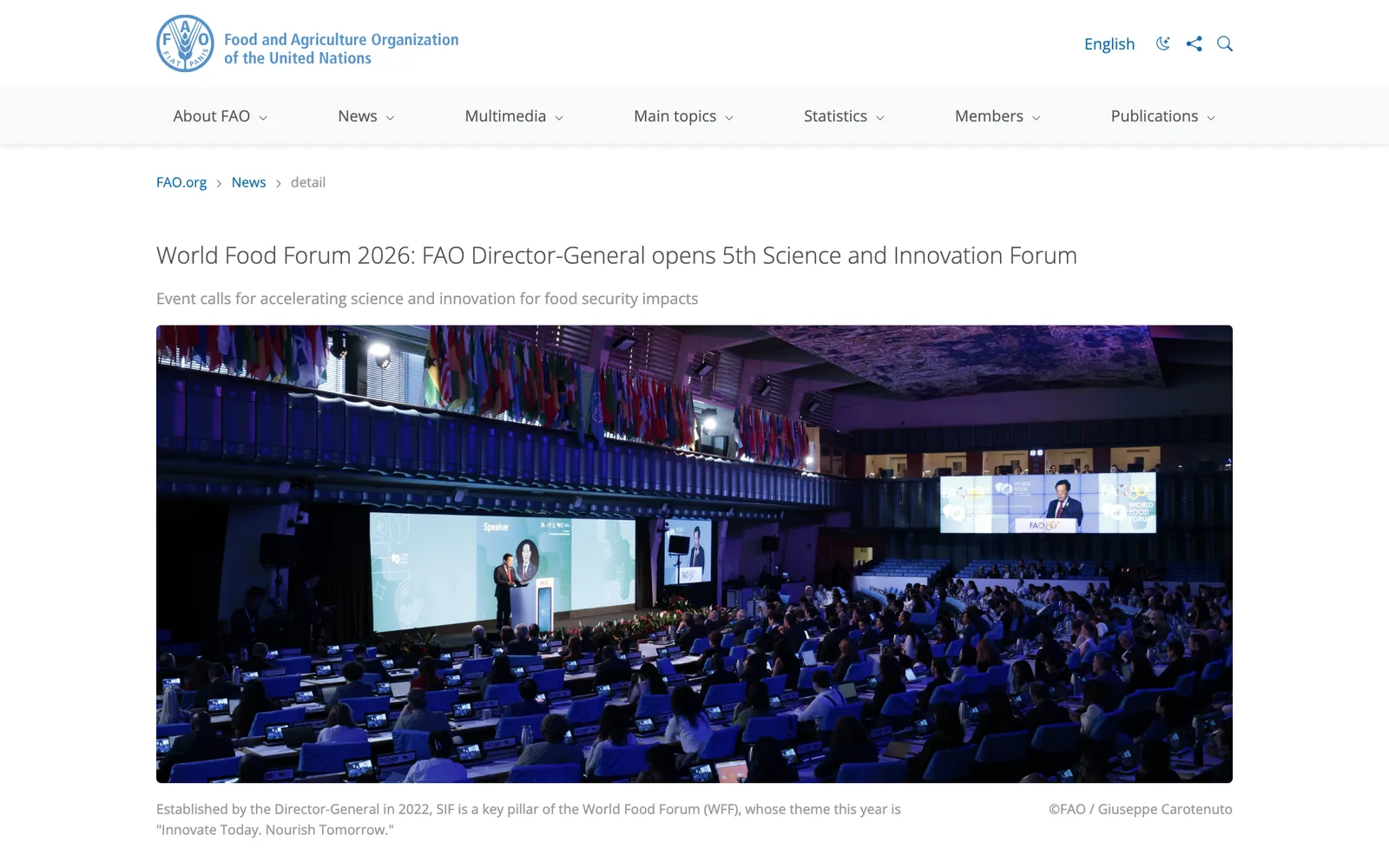 หน้าข่าวของ FAO เรื่องผู้อำนวยการใหญ่เปิด Science and Innovation Forum ครั้งที่ 5 ใน World Food Forum 2026 ที่กรุงโรม