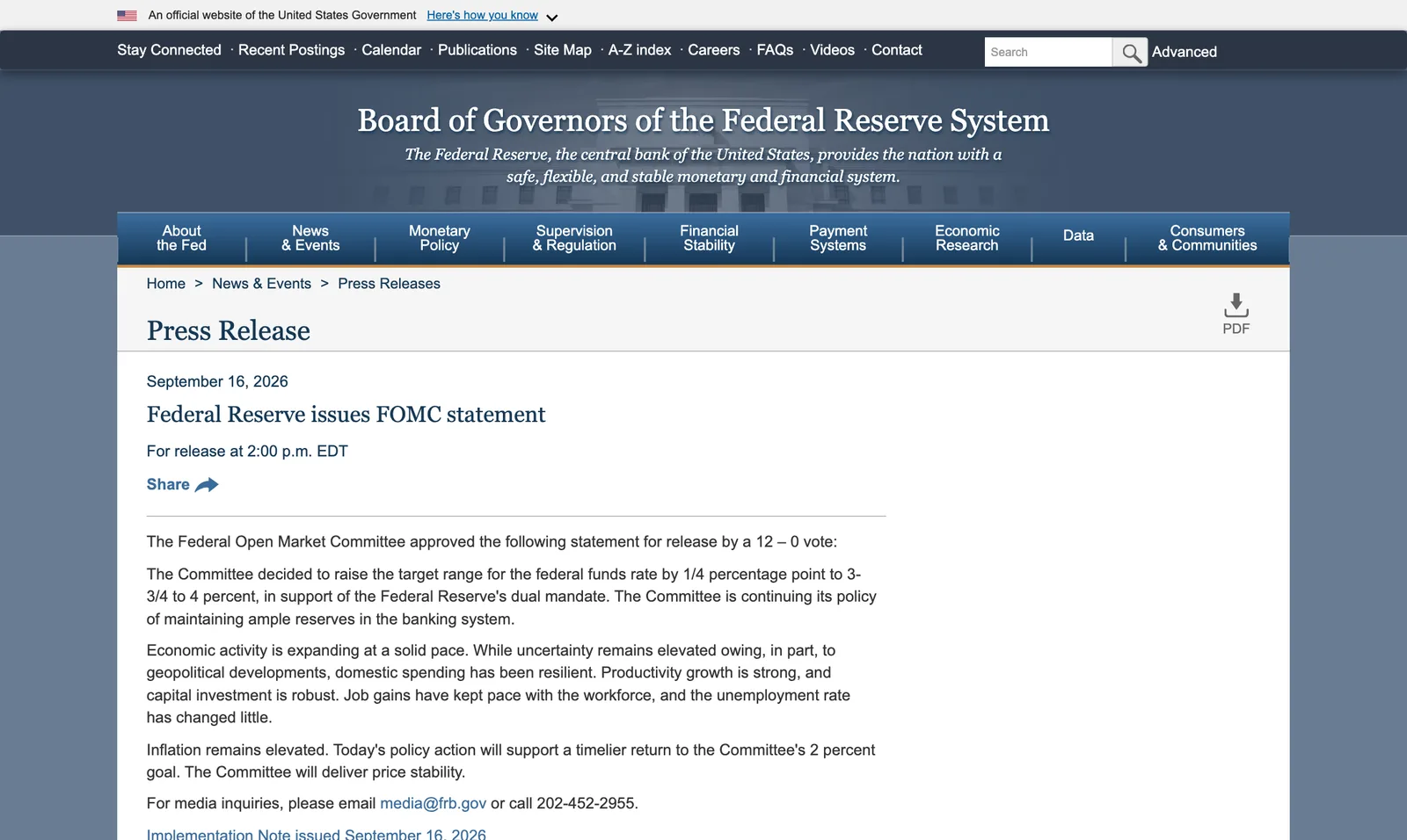 แถลงการณ์ FOMC ของเฟดวันที่ 16 กันยายน 2026 ระบุมติ 12–0 ขึ้นดอกเบี้ยนโยบาย 0.25% เป็น 3.75–4.00%