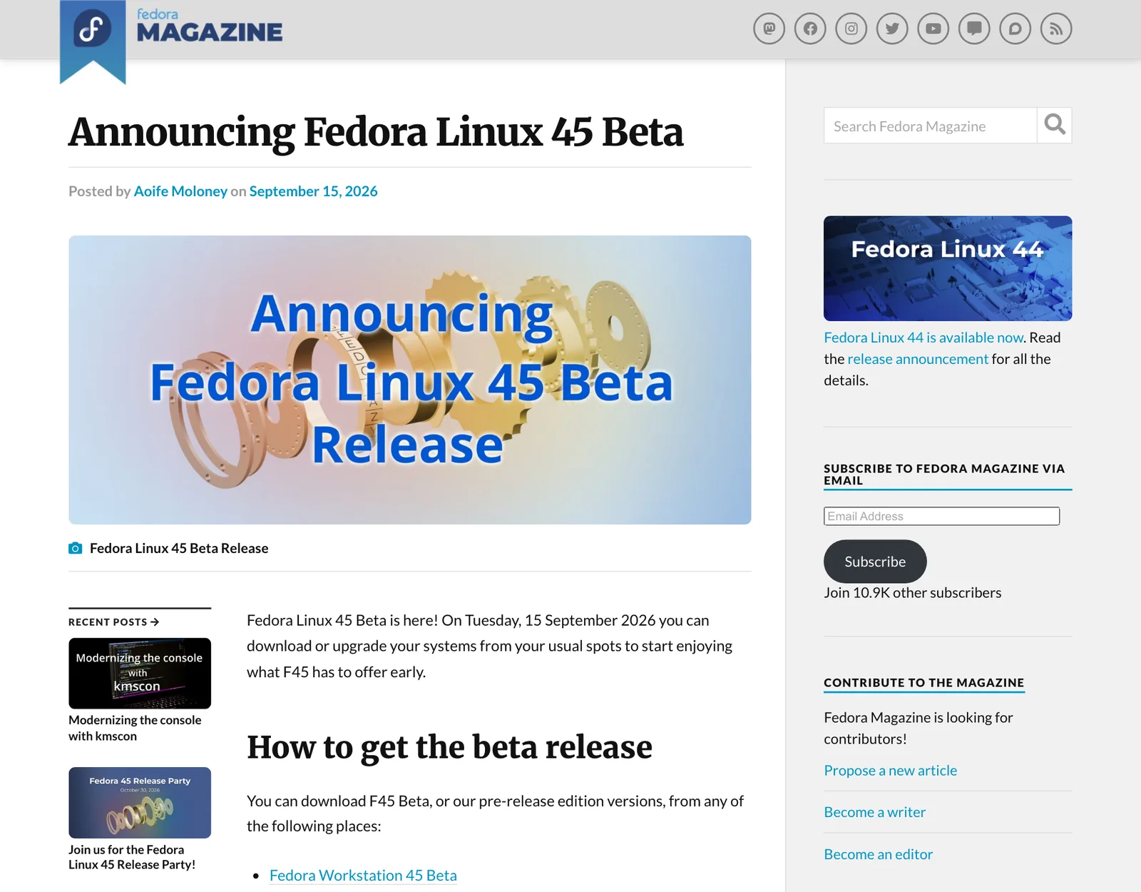 หน้าประกาศ Announcing Fedora Linux 45 Beta บน Fedora Magazine ลงวันที่ 15 ก.ย. 2026