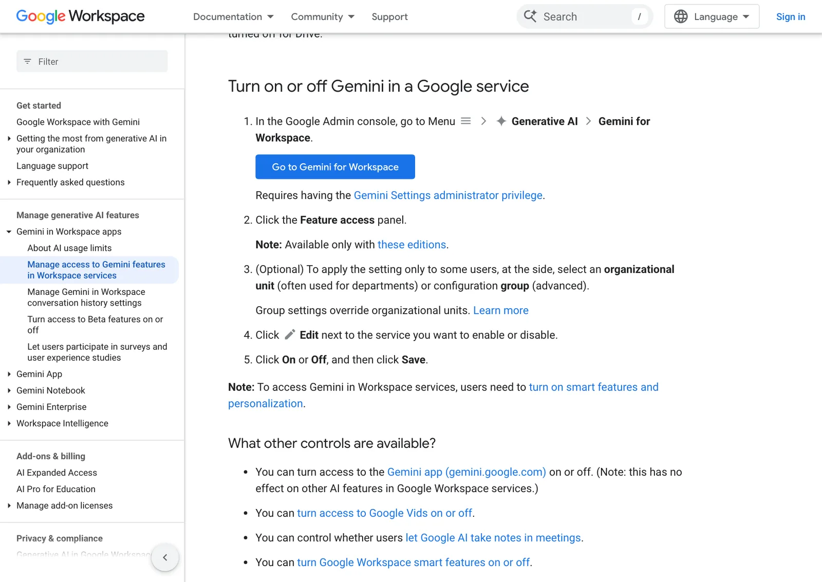 หน้าช่วยเหลือ Manage access to Gemini features in Workspace services ส่วนการเปิดปิด Gemini รายบริการ