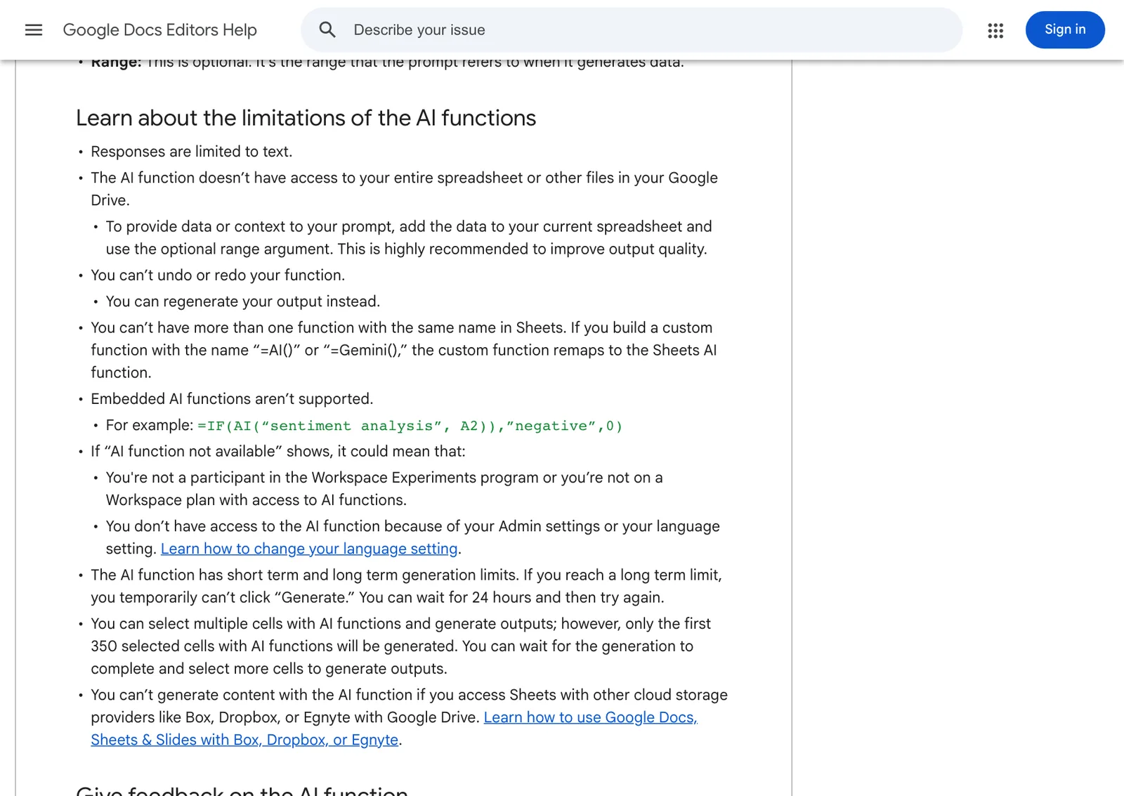 ส่วน Learn about the limitations of the AI functions ในหน้าช่วยเหลือ Google Sheets