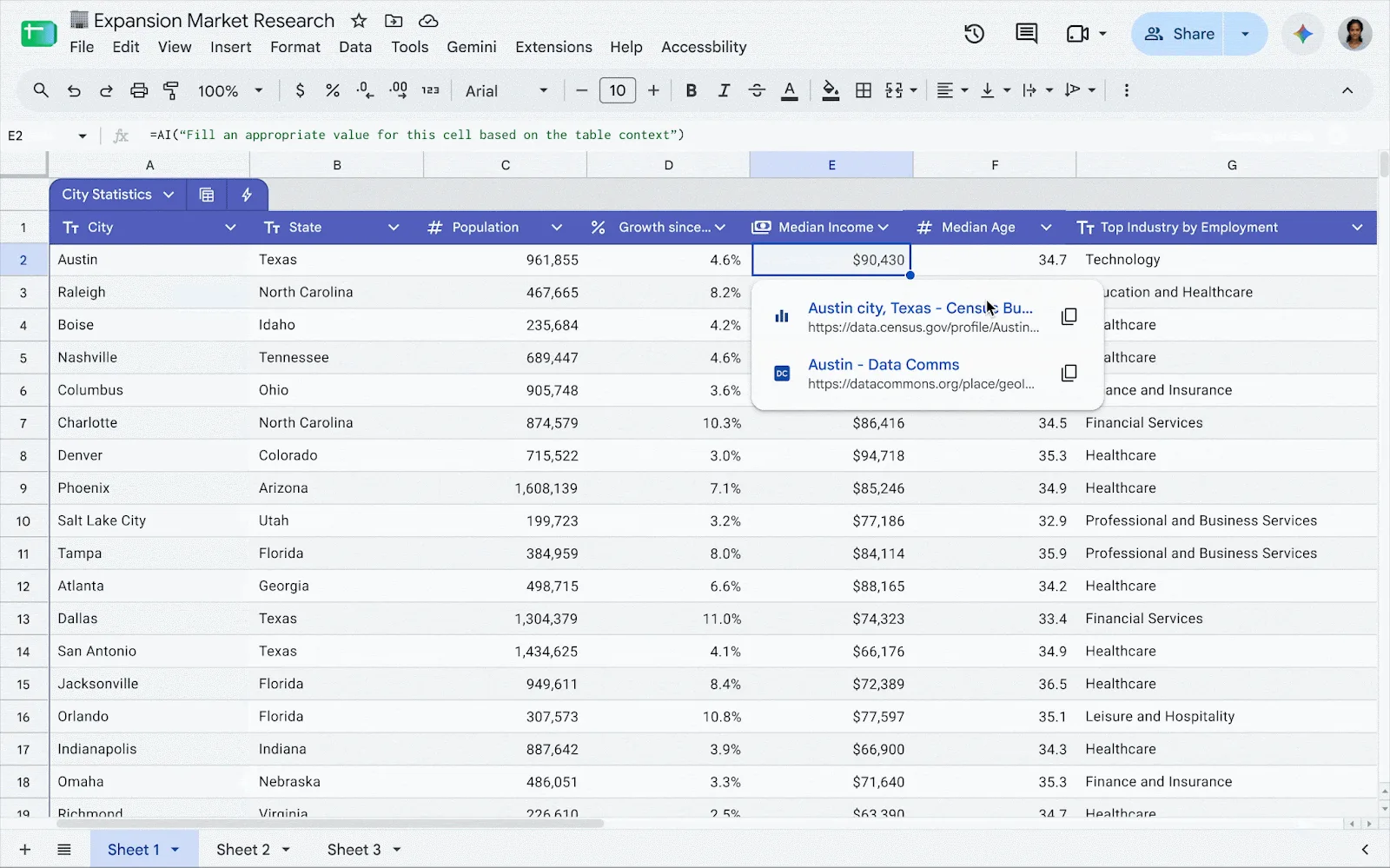 ตารางใน Google Sheets แสดงแหล่งอ้างอิงเว็บของเซลล์หนึ่งจากฟีเจอร์ Fill with Gemini citations