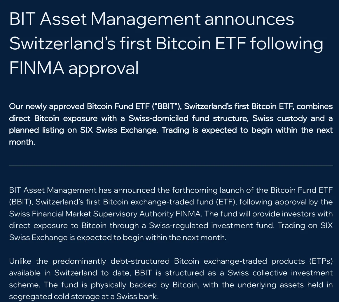 ภาพหน้าจอประกาศของ BIT Asset Management เรื่อง Bitcoin Fund ETF (BBIT) ที่จะจดทะเบียนใน SIX Swiss Exchange หลัง FINMA อนุมัติ