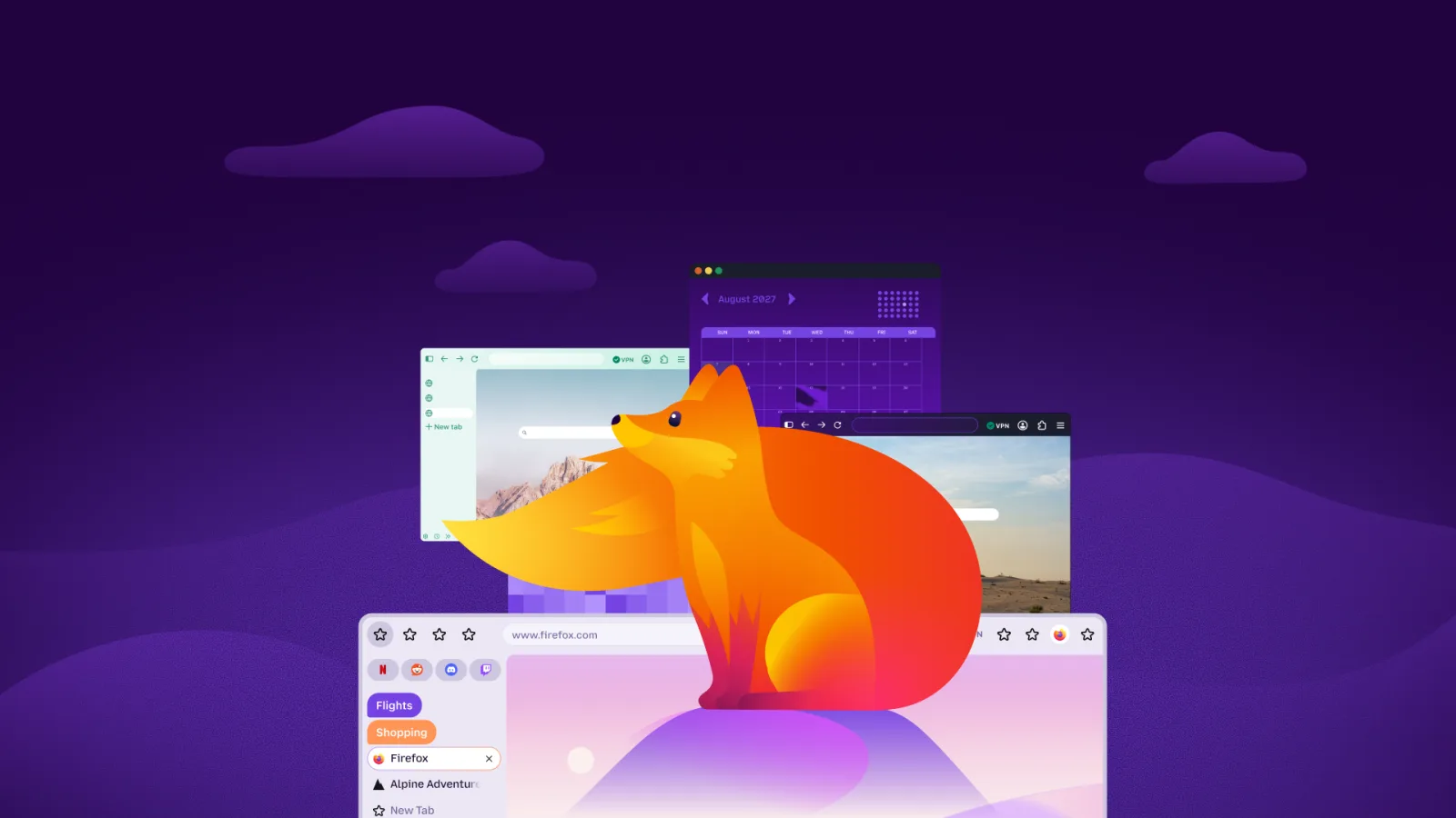 หน้าต่าง Firefox หลายแบบกับมาสคอตสุนัขจิ้งจอก
