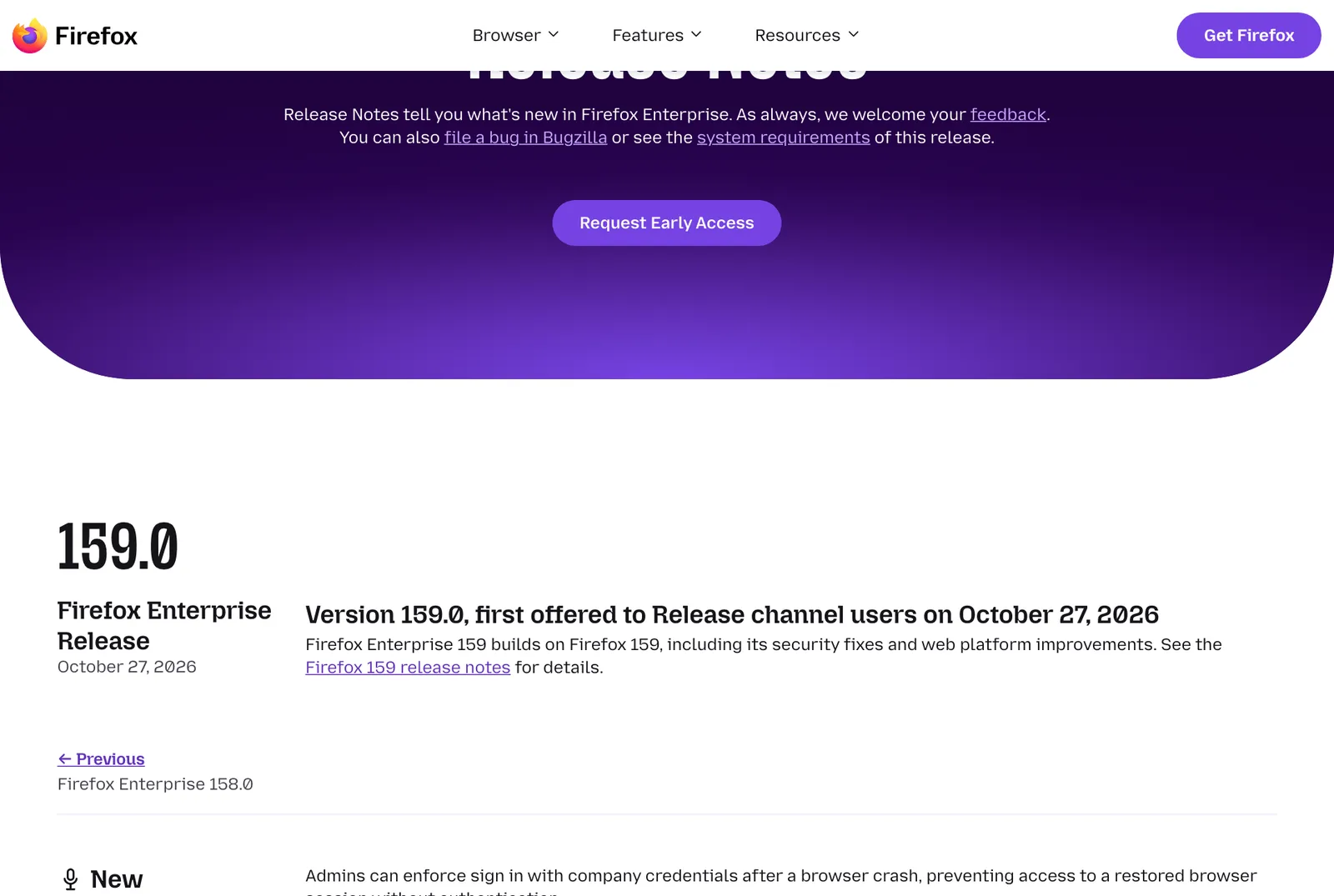 หน้า Release Notes ของ Firefox Enterprise 159 แสดงรายการใหม่