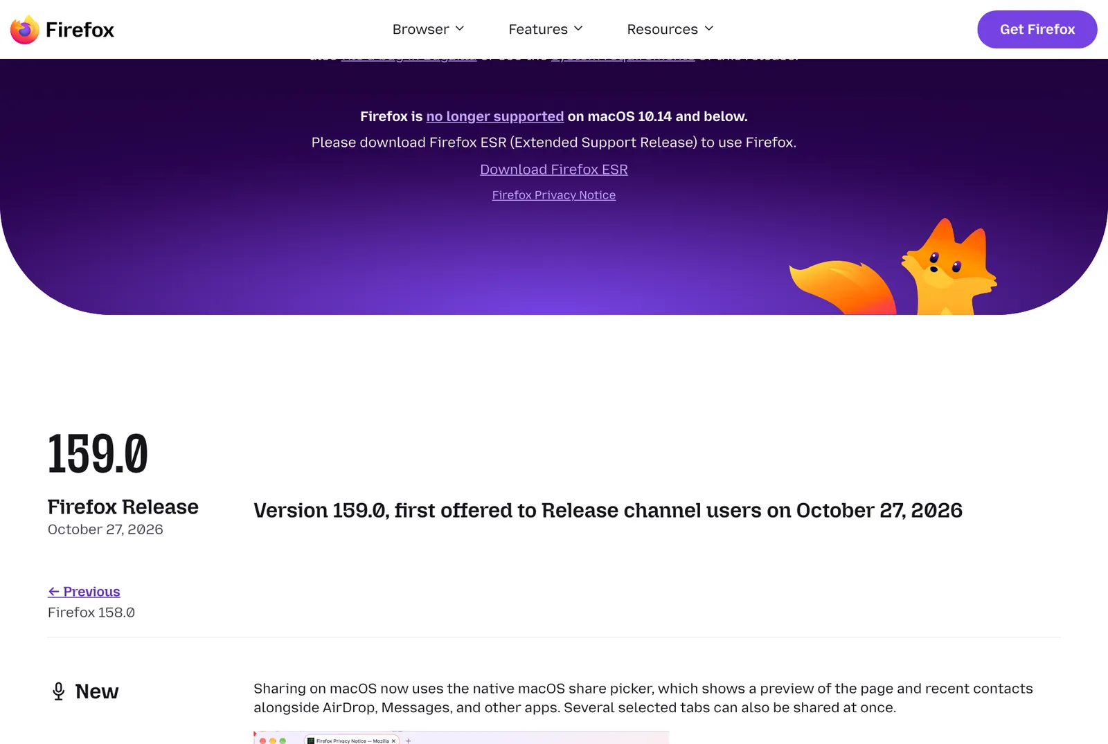 หน้า Release Notes ของ Firefox 159 ระบุวันที่ 27 ตุลาคม 2026