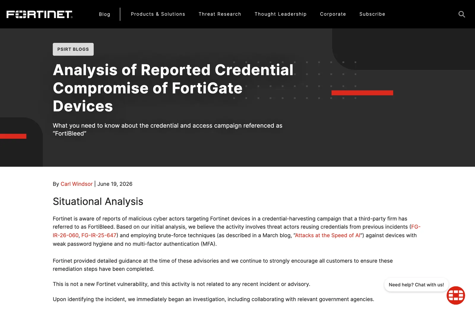 หน้าบทความ PSIRT ของ Fortinet เรื่อง Analysis of Reported Credential Compromise of FortiGate Devices วันที่ 19 มิถุนายน 2026 อธิบายแคมเปญ FortiBleed