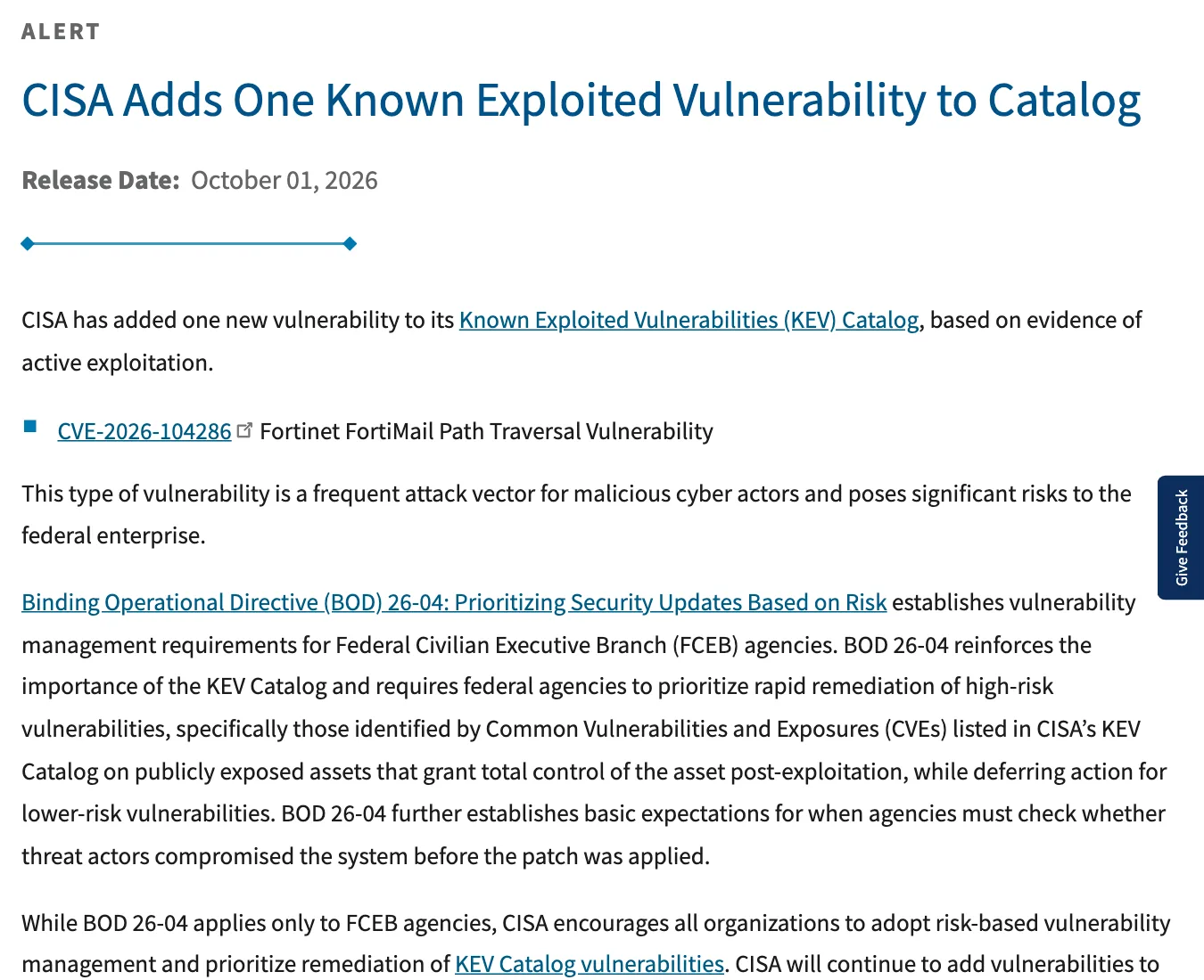 ภาพหน้าจอประกาศของ CISA วันที่ 1 ตุลาคม 2026 เรื่องการเพิ่ม CVE-2026-104286 ในรายการ KEV