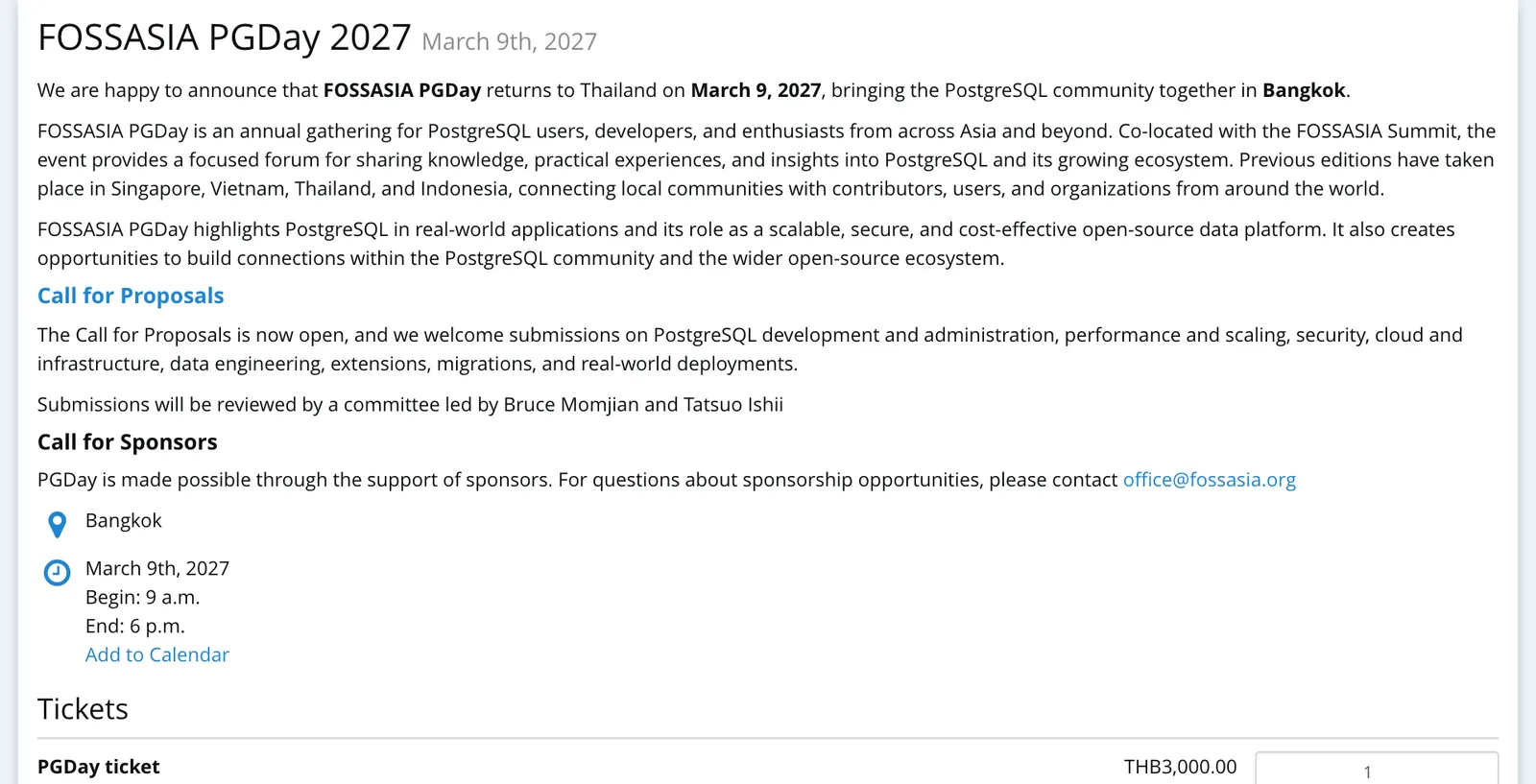 หน้าข้อมูลงาน FOSSASIA PGDay 2027 บน eventyay ระบุวันที่ 9 มีนาคม 2027 เวลา 09:00–18:00 น. ที่กรุงเทพฯ และบัตร PGDay ราคา 3,000 บาท