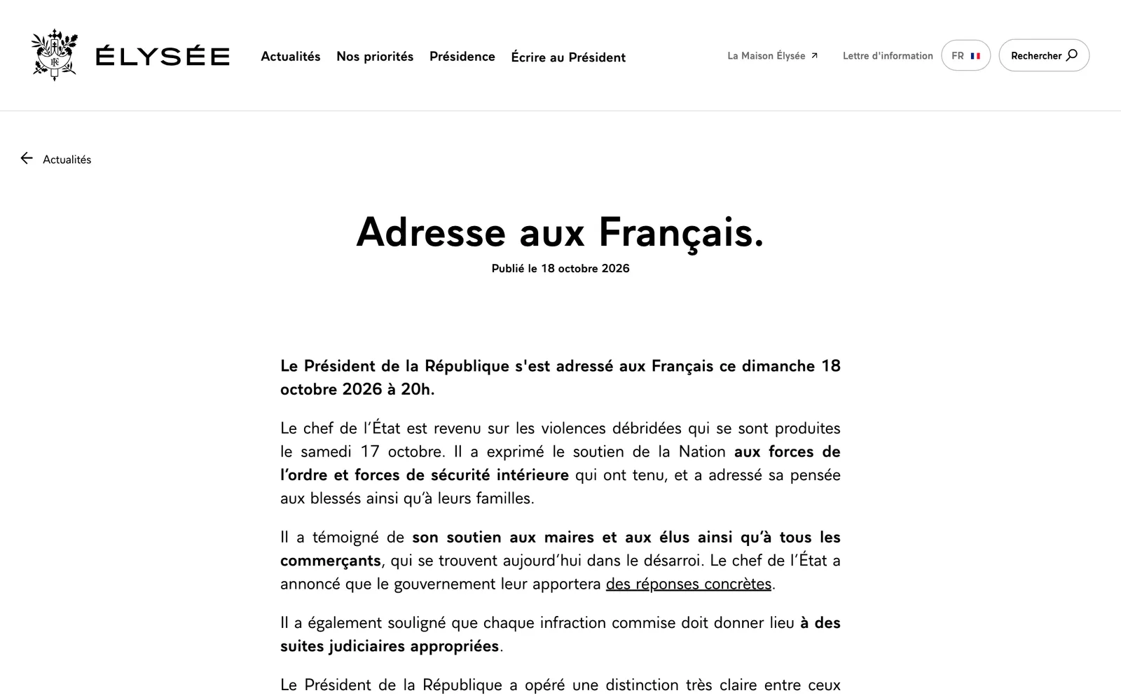 หน้าเว็บไซต์ทำเนียบเอลิเซ หัวข้อ Adresse aux Français เผยแพร่ 18 ตุลาคม 2026 สรุปคำแถลงของประธานาธิบดีฝรั่งเศสหลังความรุนแรงวันเสาร์ที่ 17 ตุลาคม