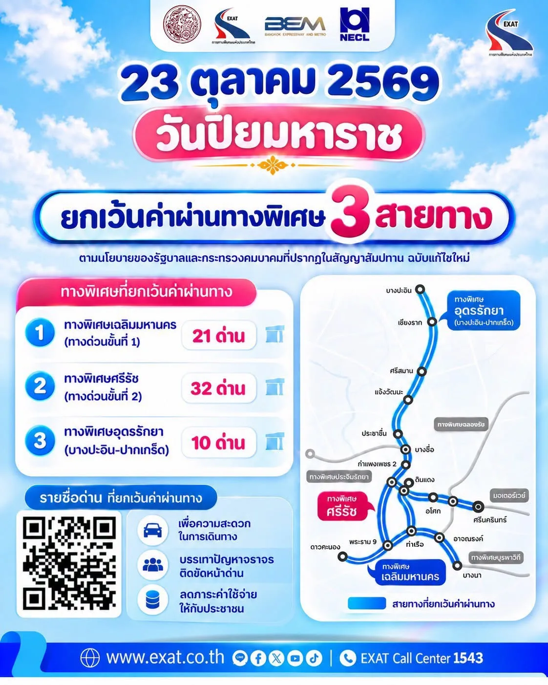 โปสเตอร์ทางด่วนฟรี 23 ตุลาคม 2569 ของการทางพิเศษแห่งประเทศไทย แสดงทางพิเศษเฉลิมมหานคร 21 ด่าน ศรีรัช 32 ด่าน และอุดรรัถยา 10 ด่าน พร้อมแผนที่สายทางที่ยกเว้นค่าผ่านทาง