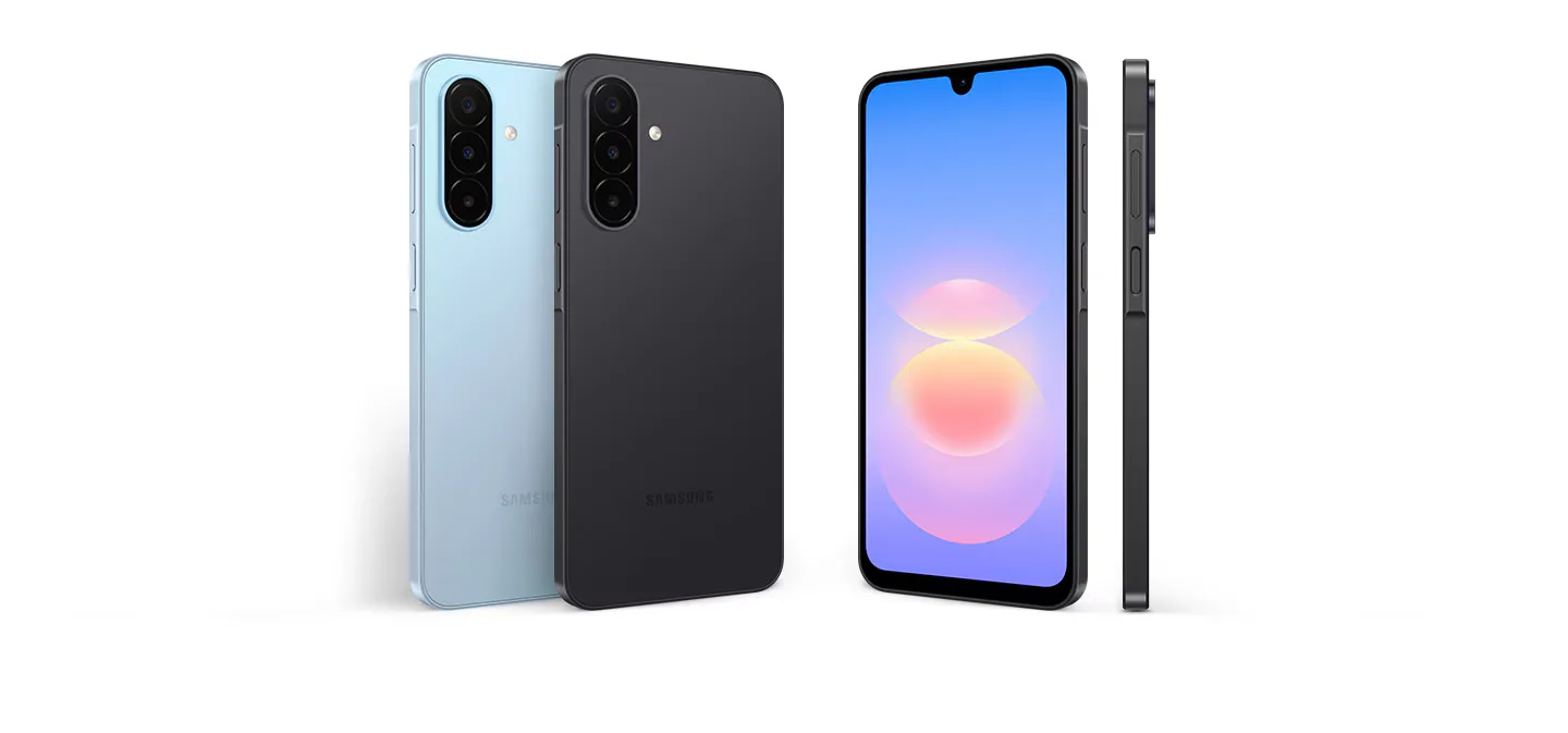 Galaxy A18 ราคา 8,499 บาท สี Black และ Light Blue จากมุมหน้า หลัง และด้านข้าง