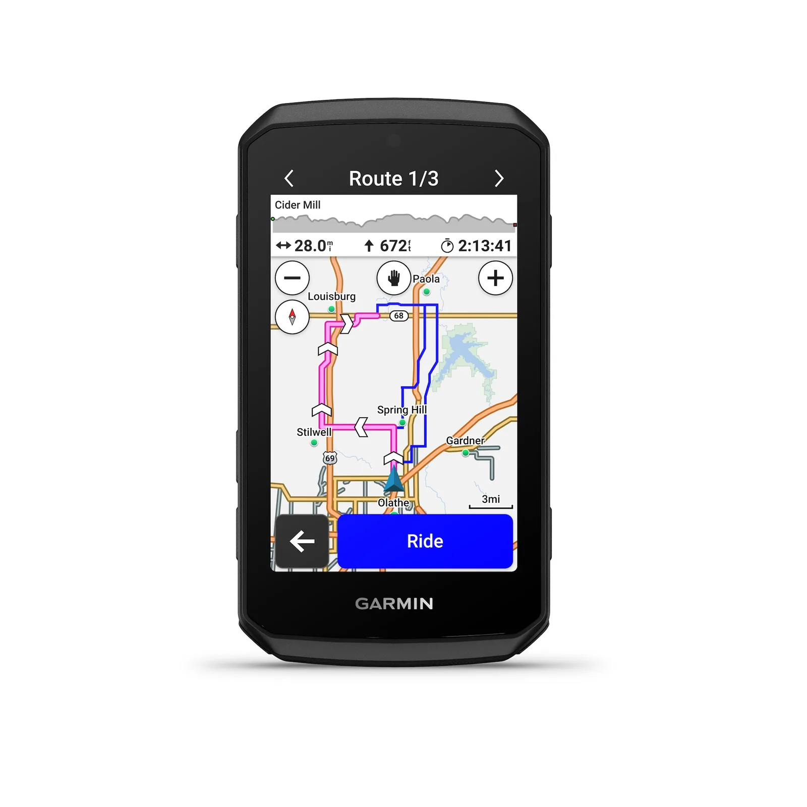 หน้าจอ Garmin Edge 1060 แสดง Route Options เส้นทางที่ 1 จาก 3 พร้อมระยะทาง ความสูงสะสม และเวลาโดยประมาณ