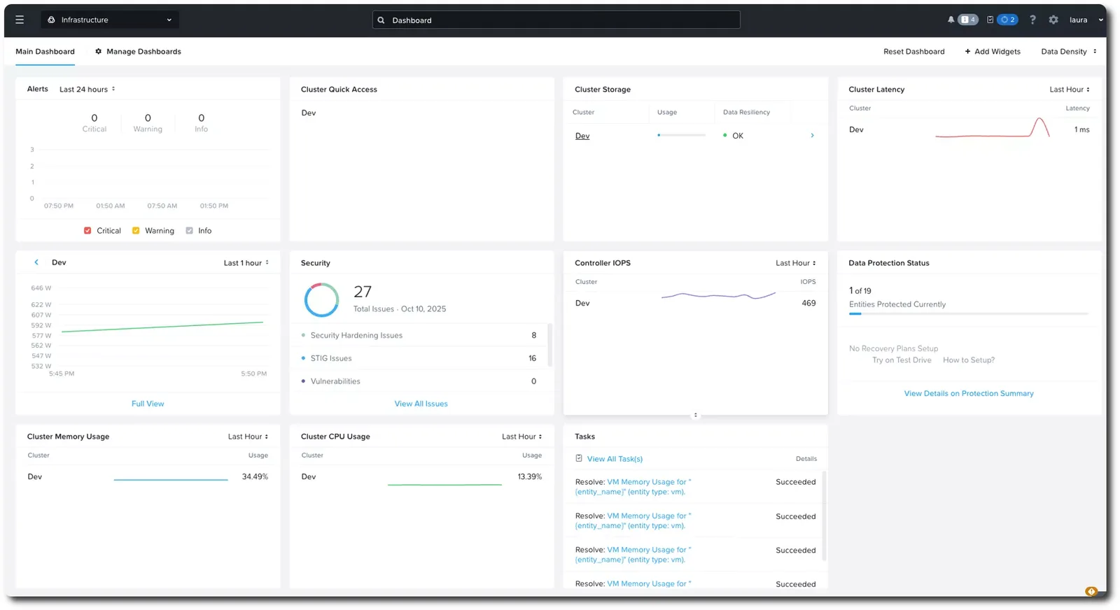 หน้าจอแดชบอร์ดโครงสร้างพื้นฐานของ Nutanix แสดงสถานะคลัสเตอร์ การแจ้งเตือน และการใช้ทรัพยากร