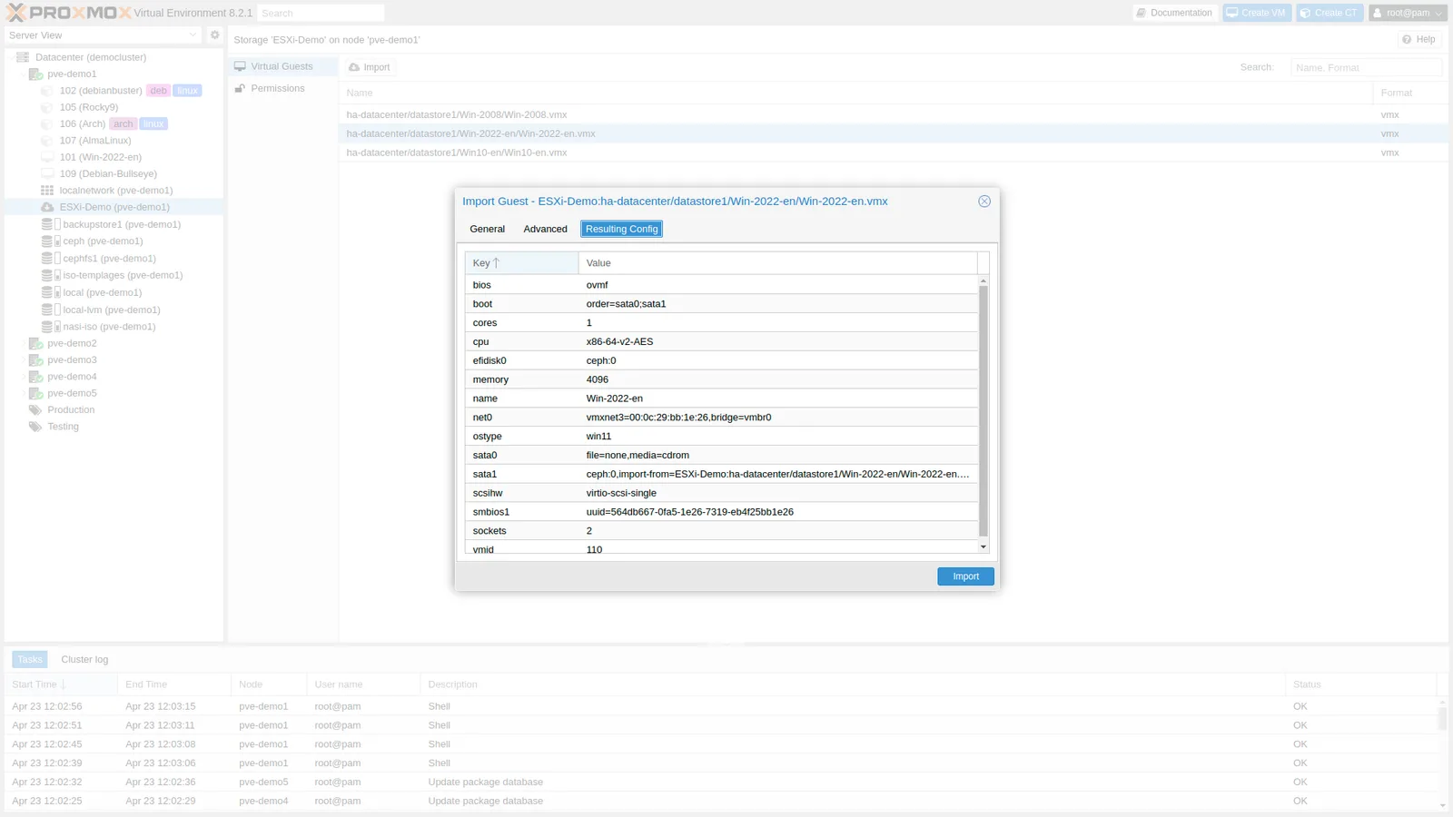 หน้าจอ Proxmox VE แสดงตัวช่วยนำเข้า VM จาก VMware ESXi พร้อมค่าคอนฟิกที่จะได้หลังนำเข้า