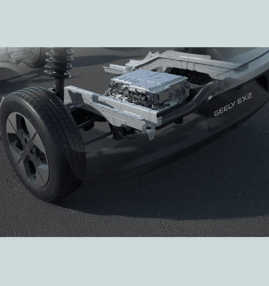 ภาพกราฟิกส่วนท้ายของ GEELY EX2 เห็นชุดขับเคลื่อนล้อหลัง โครงยึด และสปริงโช้กอัปด้านหลัง