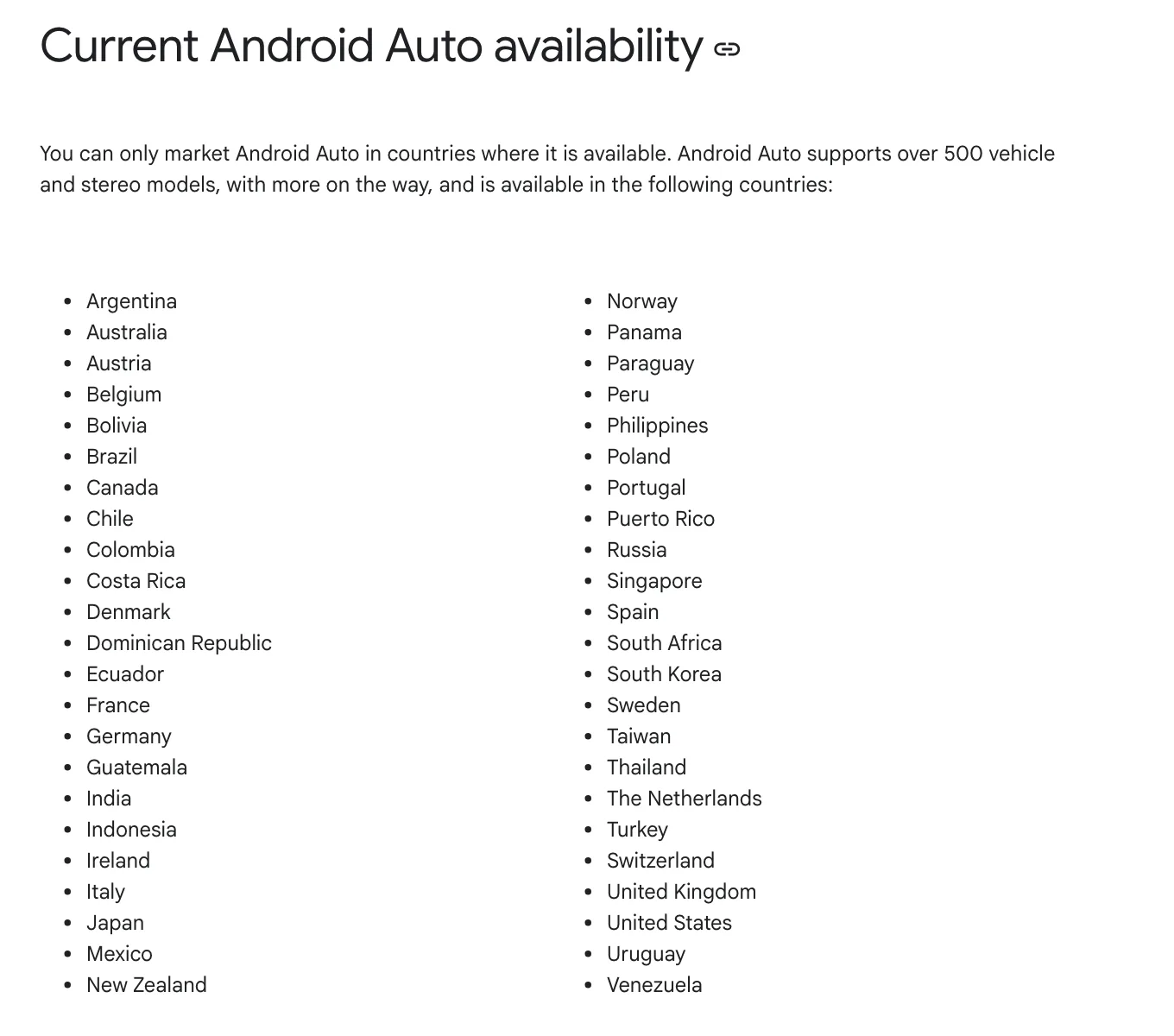 หน้า Partner Marketing Hub ของ Google หัวข้อ Current Android Auto availability แสดงรายชื่อ 46 ประเทศที่รองรับ Android Auto รวม Thailand